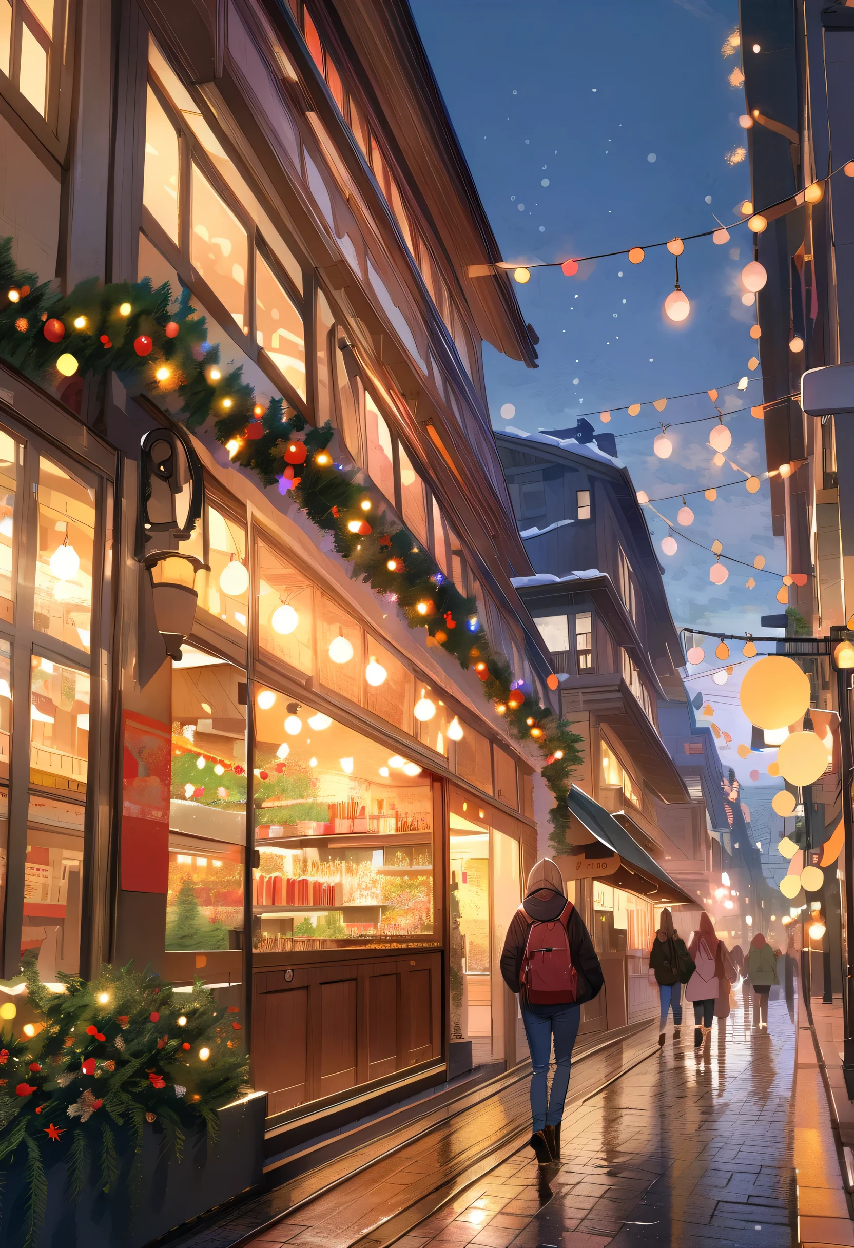 (unmanned), unmanned, no one, landscape, winter, Christmas, city, Tokyo, Sidewalk, snow, light up, night, HD detailed, Super detailed, movie, Hyperrealism, Soft Light, Deep focus bokeh, Ray Tracing, Art Station pixivgwise, Makoto Shinkai, ArtJam