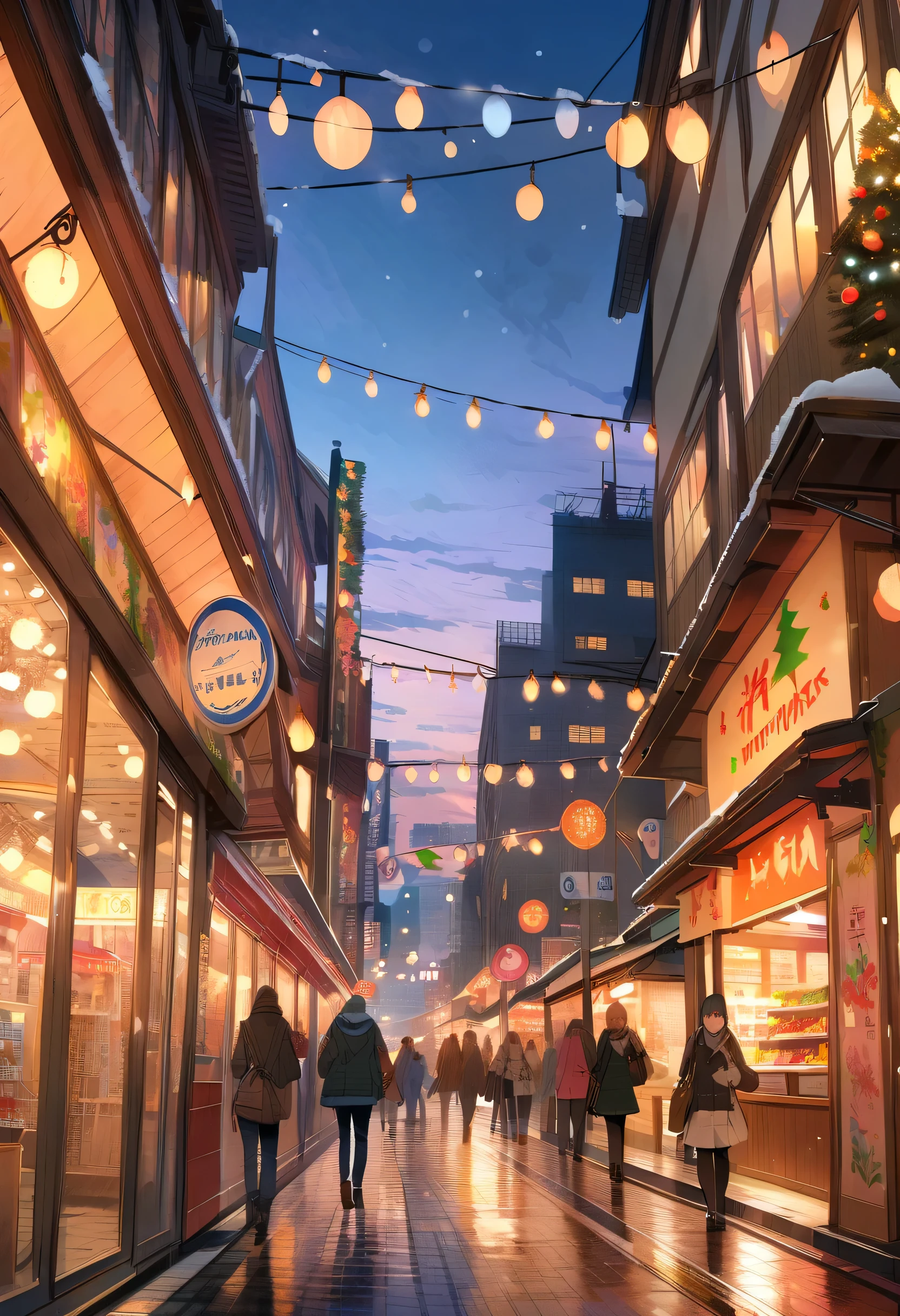 (unmanned), unmanned, no one, landscape, winter, Christmas, city, Tokyo, Sidewalk, snow, light up, night, HD detailed, Super detailed, movie, Hyperrealism, Soft Light, Deep focus bokeh, Ray Tracing, Art Station pixivgwise, Makoto Shinkai, ArtJam