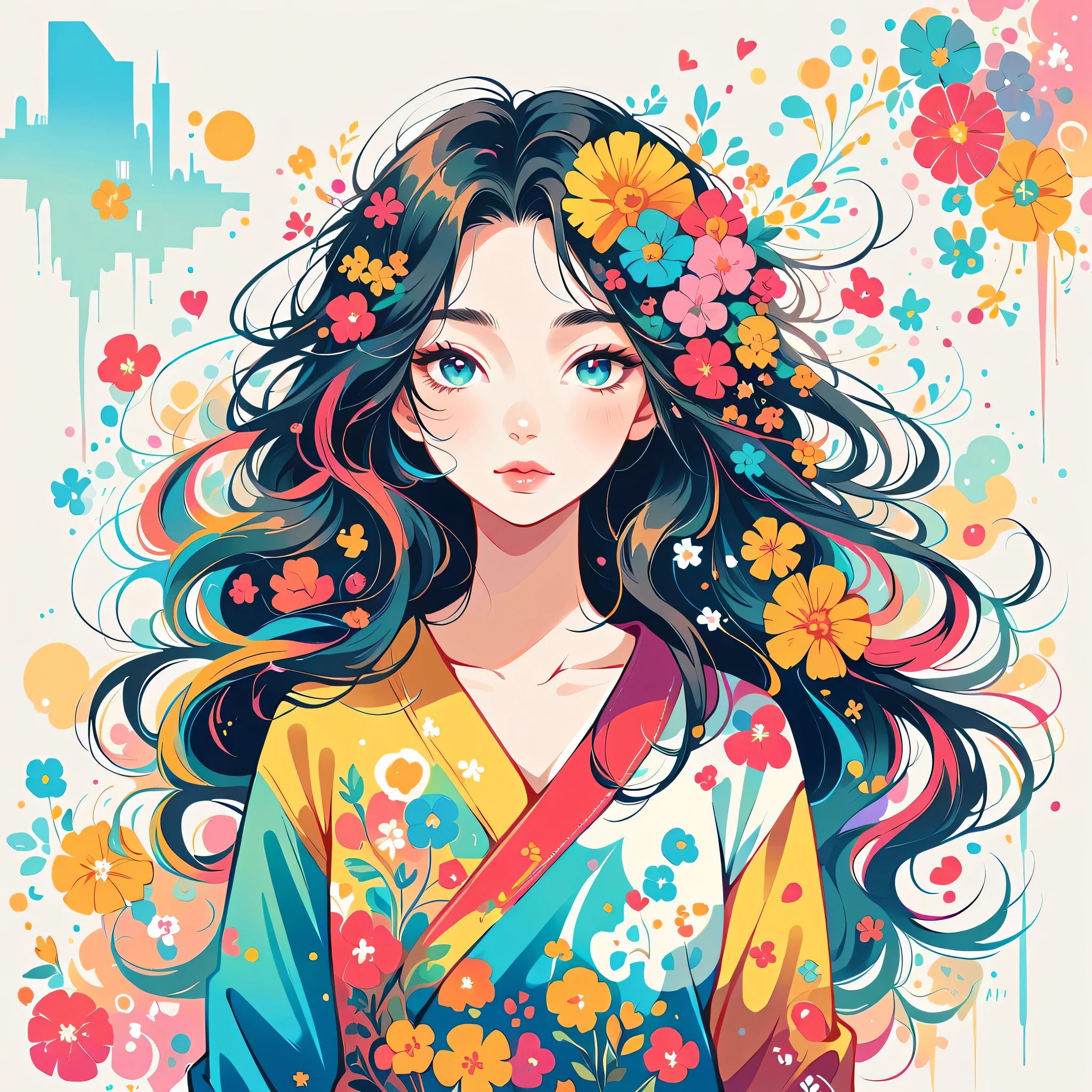 Takashi Murakami style, Standing in front of a high wall,Simple Line Initialism,Abstract art,Urban Background, (((The most beautiful girl))), Lips in Love, colorful flowers