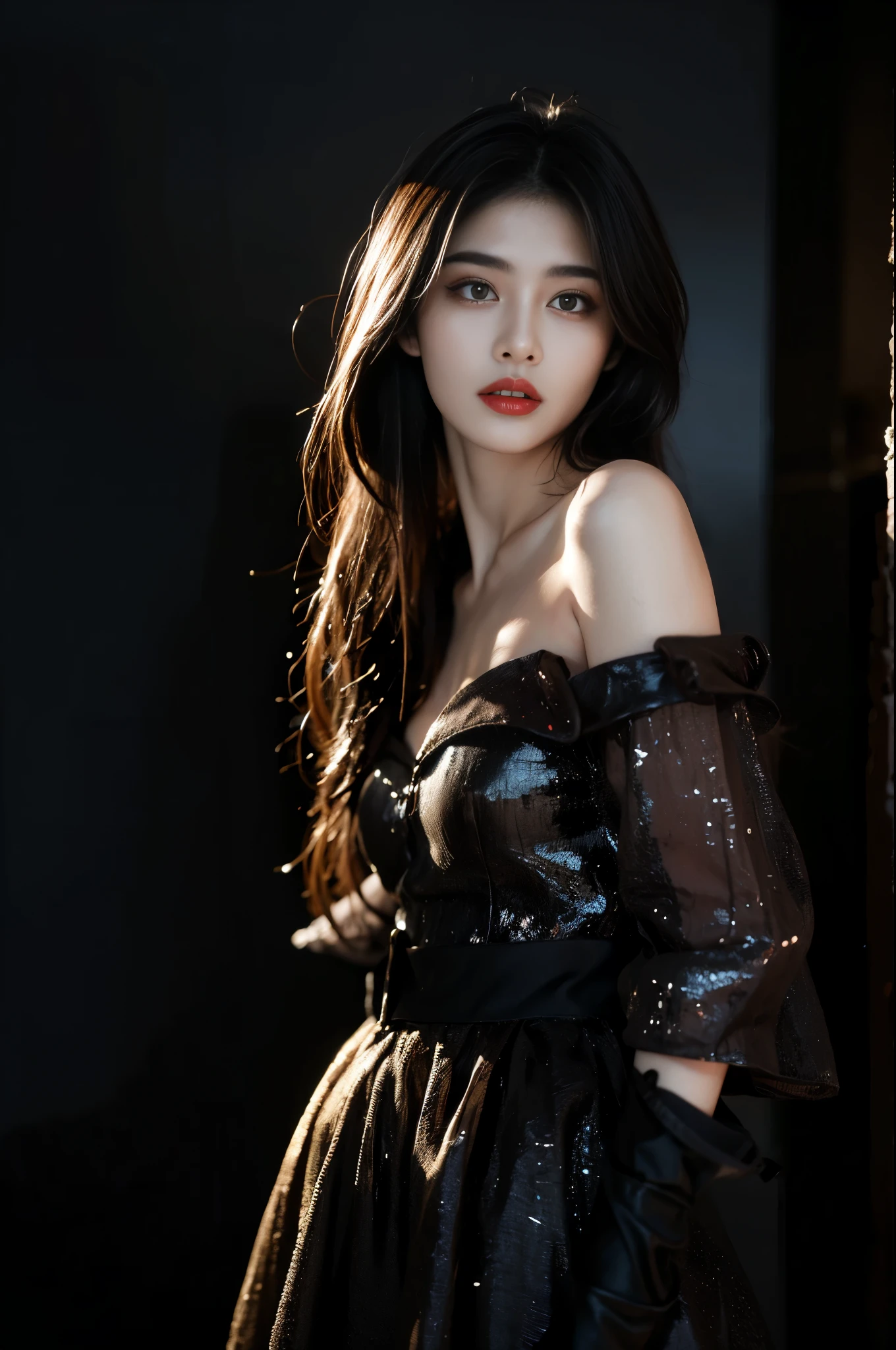 (High resolution,Practical) Long hair girl,skirt, Beautiful demon woman from hell, (in the darkness: 1.6), Very rich facial details，Red-black lips, Shoulder devil tattoo，rugged, Moderate: Detailed facial features, Determine the expression, Dark background