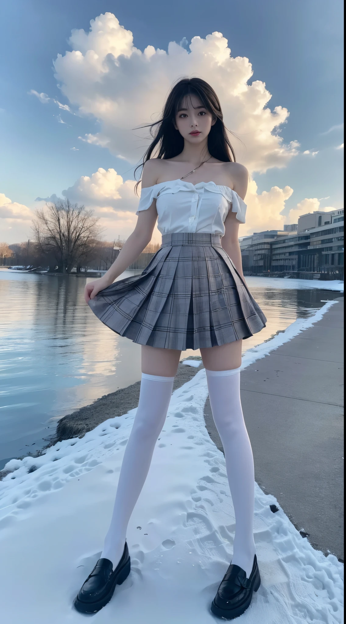 white thighhighs,loafers,black footwear,brown footwear,,mary janes,pleated skirt,plaid skirt,serafuku, ((cowboy shot)), ((Bare shoulder)), ((Short hemlines, sexy long legs)), realistic detailed photo of a giant breasted girl with exposed shoulders, detailed fingers, high quality skin, red eyes, alone in a winter scene with clouds, wind, and flowing hair, (best quality,4k,8k,highres,masterpiece:1.2),ultra-detailed,(realistic,photorealistic,photo-realistic:1.37),studio lighting,vivid colors