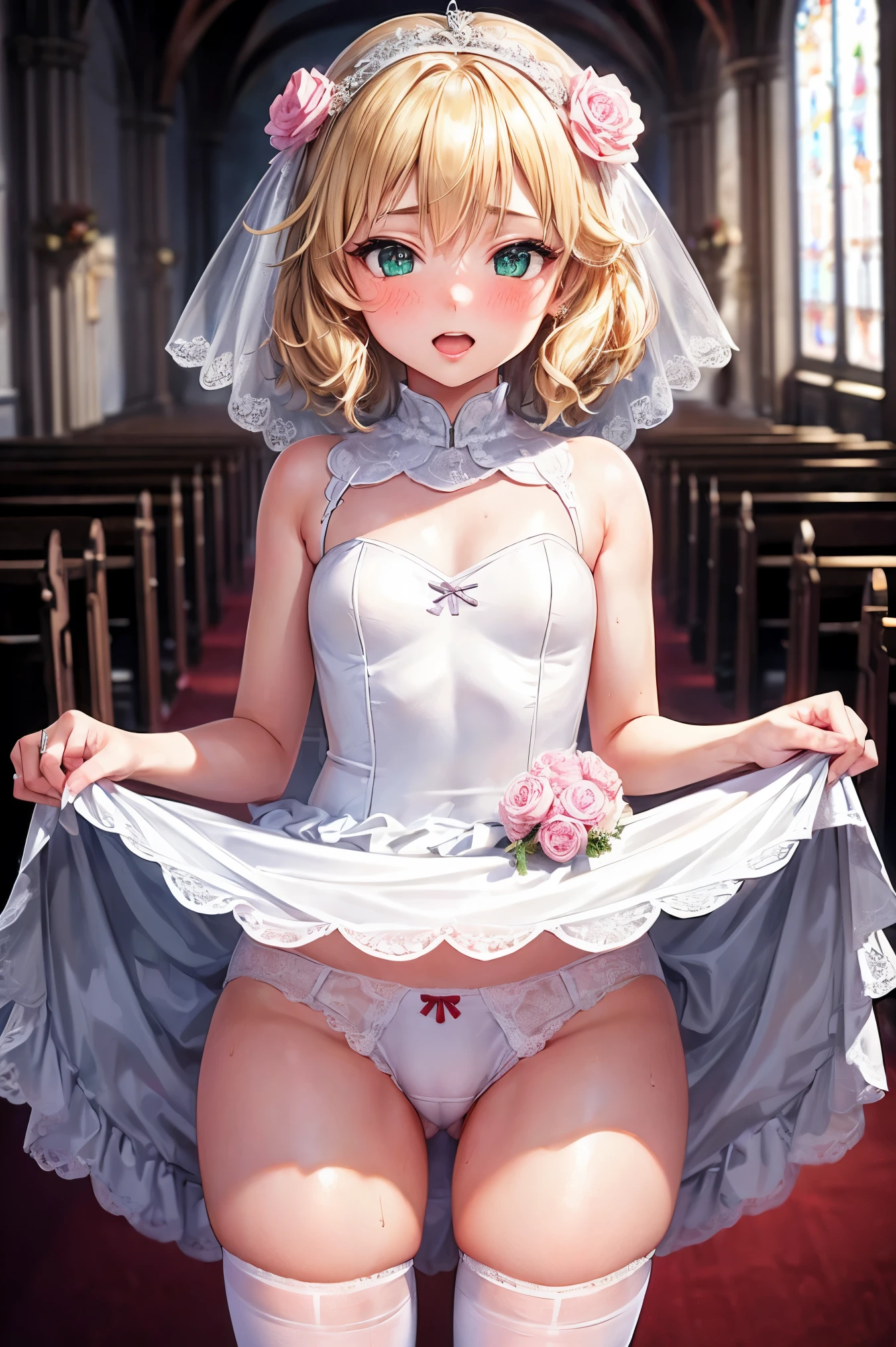 best quality,((((1girl)))),small breasts,((((:1.3)))))),curvy,((orgasm,blush:1.1)),sweat,blonde hair,((wedding dress:1.1)),mini skirt,church,lift skirt,upskirt,lace panties,white panties,white kneehighs,sakurai momoka