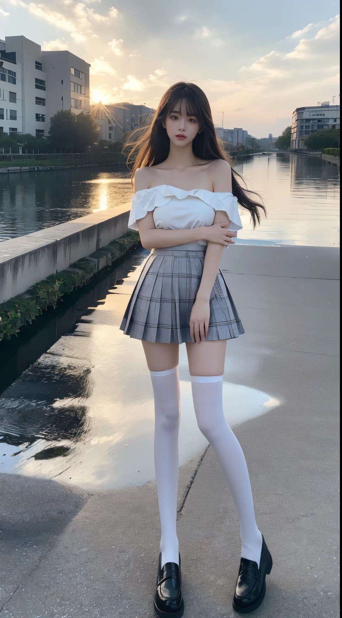 white thighhighs,loafers,black footwear,brown footwear,,mary janes,pleated skirt,plaid skirt,serafuku, ((cowboy shot)), ((Bare shoulder)), ((Short hemlines, sexy long legs)), realistic detailed photo of a giant breasted girl with exposed shoulders, detailed fingers, high quality skin, red eyes, alone in a winter scene with clouds, wind, and flowing hair, (best quality,4k,8k,highres,masterpiece:1.2),ultra-detailed,(realistic,photorealistic,photo-realistic:1.37),studio lighting,vivid colors