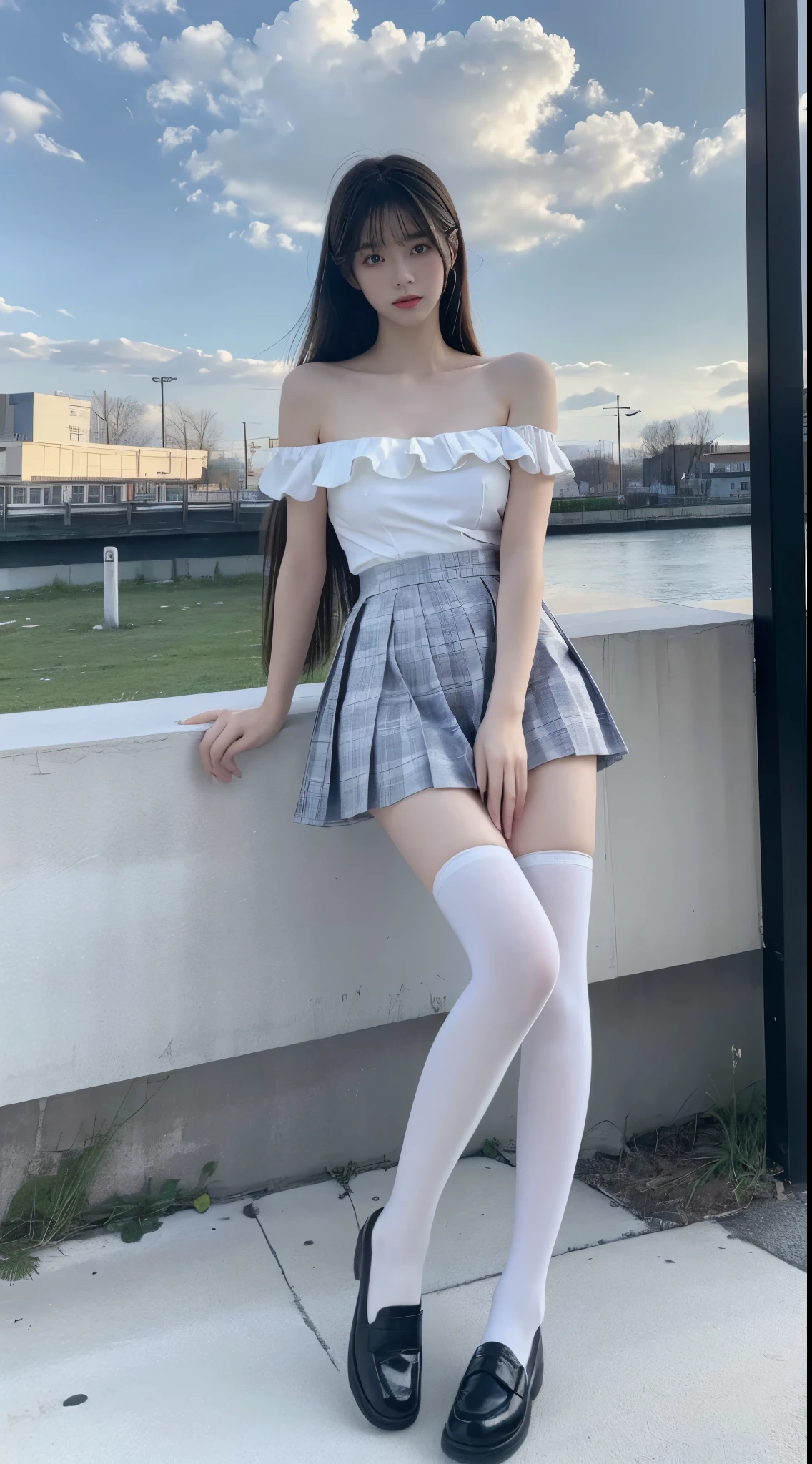 white thighhighs,loafers,black footwear,brown footwear,,mary janes,pleated skirt,plaid skirt,serafuku, ((cowboy shot)), ((Bare shoulder)), ((Short hemlines, sexy long legs)), realistic detailed photo of a giant breasted girl with exposed shoulders, detailed fingers, high quality skin, red eyes, alone in a winter scene with clouds, wind, and flowing hair, (best quality,4k,8k,highres,masterpiece:1.2),ultra-detailed,(realistic,photorealistic,photo-realistic:1.37),studio lighting,vivid colors