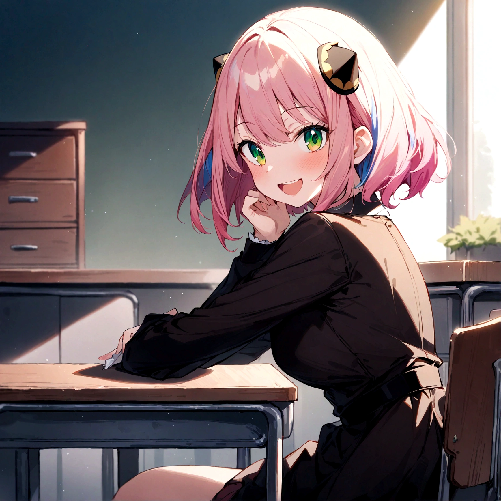 solo, 1girl, Anya forger/(spy x family/), masterpiece, best quality, very aesthetic, absurdres, pink hair, green eyes, short hair, black dress, collared shirt, smile, open mouth, looking at viewer, from side, sitting, desk, table, hair ornament