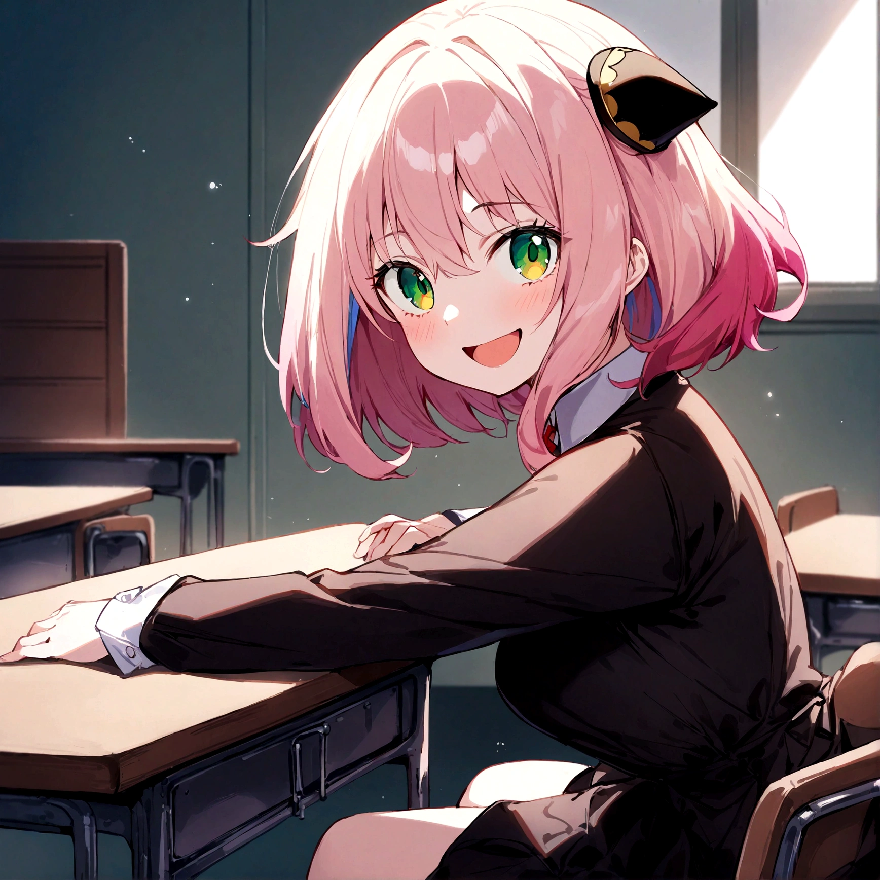 solo, 1girl, Anya forger/(spy x family/), masterpiece, best quality, very aesthetic, absurdres, pink hair, green eyes, short hair, black dress, collared shirt, smile, open mouth, looking at viewer, from side, sitting, desk, table, hair ornament
