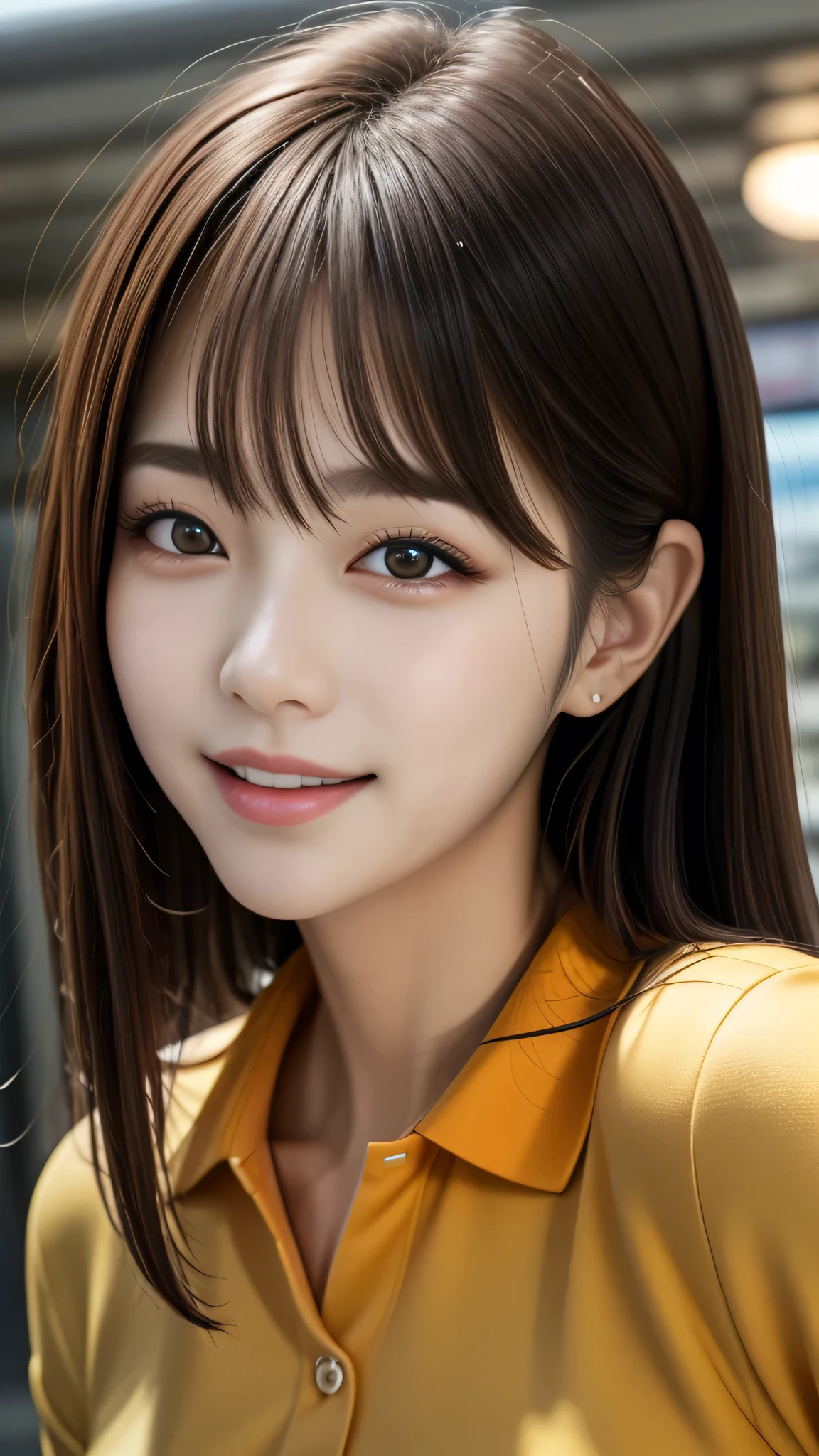 Realistic photos (1 cute Korean star) Reverse hair, light makeup, Middle breast size, Orange polo shirt, At the train station, Canon EOS Clear Facial Features, 16k, High resolution, Sharp and realistic details,  Exposure, interrupt, 超High resolution, High resolution, highest quality