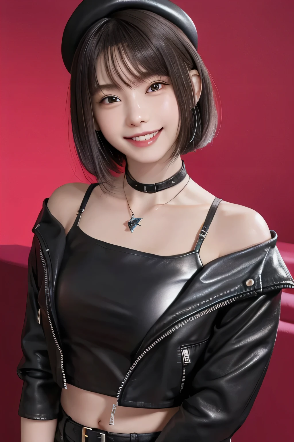205  ((short hair)), 20-year-old female, Surrealism, Flower Smile、Gums are visible、Beautiful teeth alignment、Black Hair、ear piercing、Necklace around the neck、leather jacket、shirt、Smiling with teeth showing、The background is in the room、hat、Shoulder Fashion