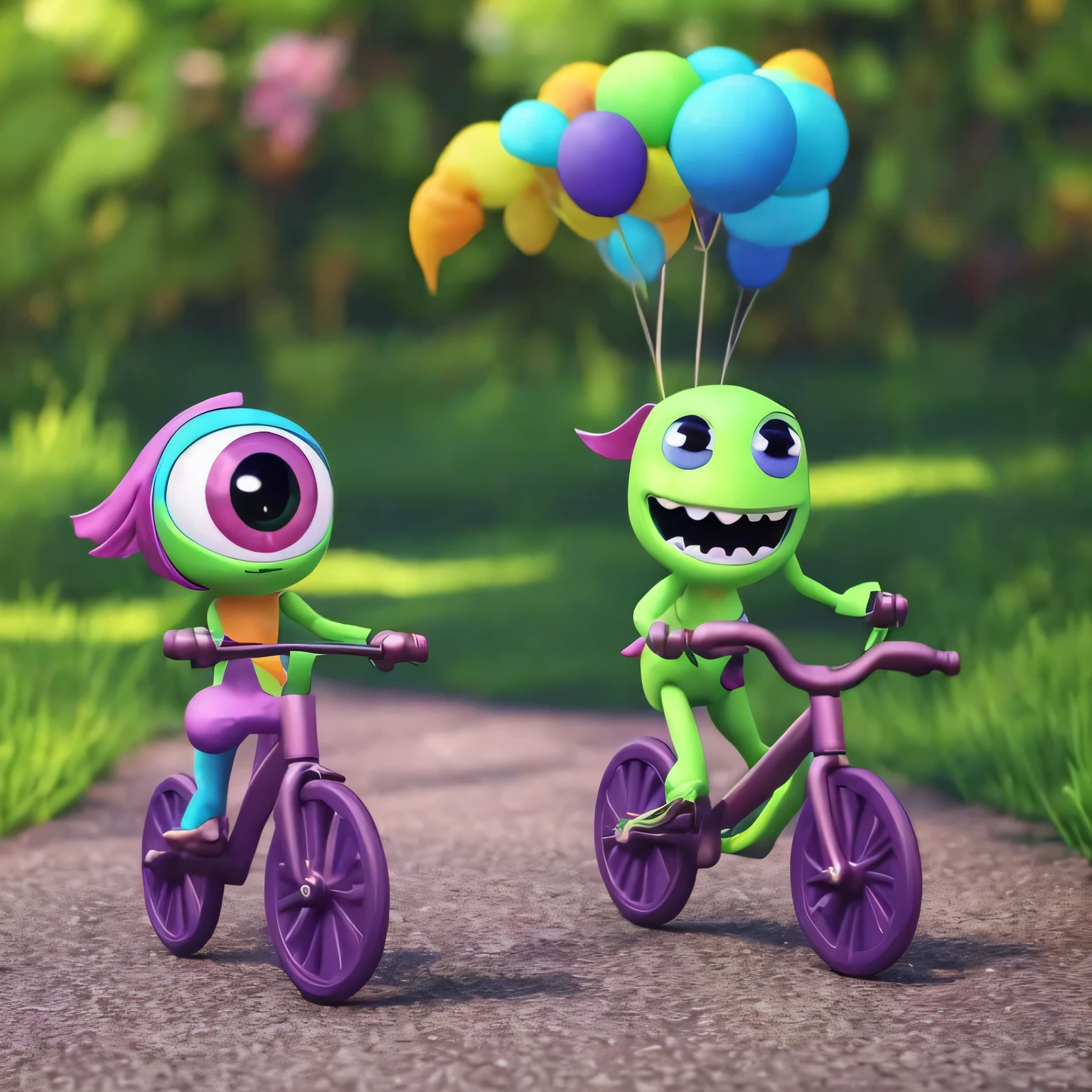 Cute monster transformed into a bicycle, with big eyes and a happy expression, pedaling along. Pixar animation style, vibrant colors, C4D software. --ar 1:1 --v 6.0 3D render
