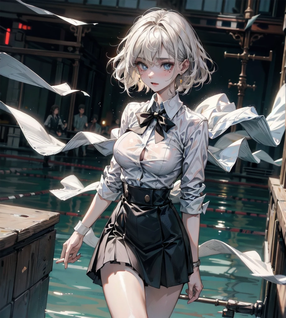 absurdres, RAW photo, extremely delicate and beautiful, masterpiece, Best Quality, ultra high resolution, 32k, hyperrealistic, ultra-detailed, detailed description, perfect anatomy, pale skin, 20 years old, detailed beautiful face and eyes, tearful mole, earring, short medium hair, wavy hair, full body shot, colossal tits, school_uniform, dress shirt, School Pool,