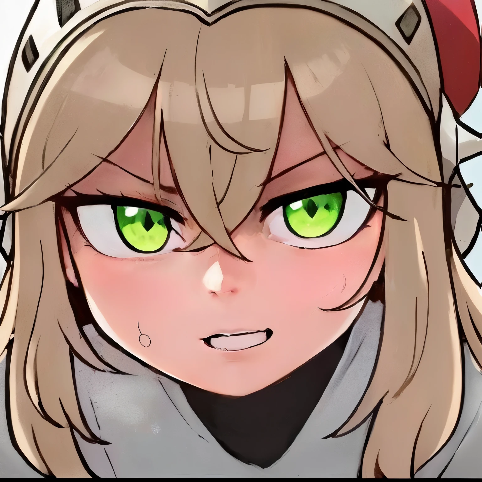 anime girl with green eyes and a cat ears and a cat hat, smirk expression, she has a cute expressive face, roguish smirk, [[[[grinning evily]]]], cunning expression, wry smirk, cynical face, in an anime style, scowling, heavy eyes to the side, anime moe artstyle