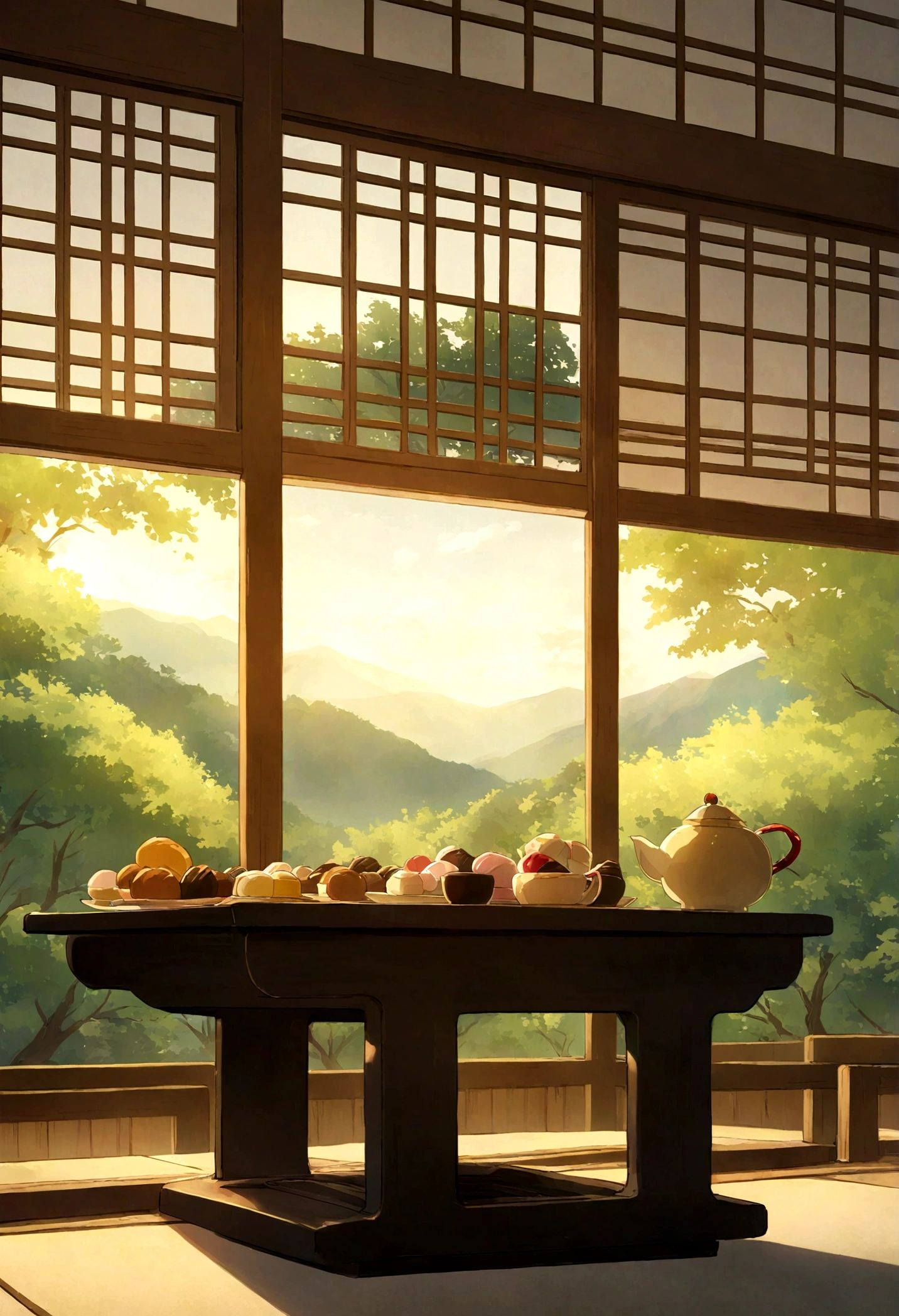 high resolution、Ghibli style、Japan TV anime style、table、Japanese sweets、Japanese tea、sunlight、Bright atmosphere、No people、landscape