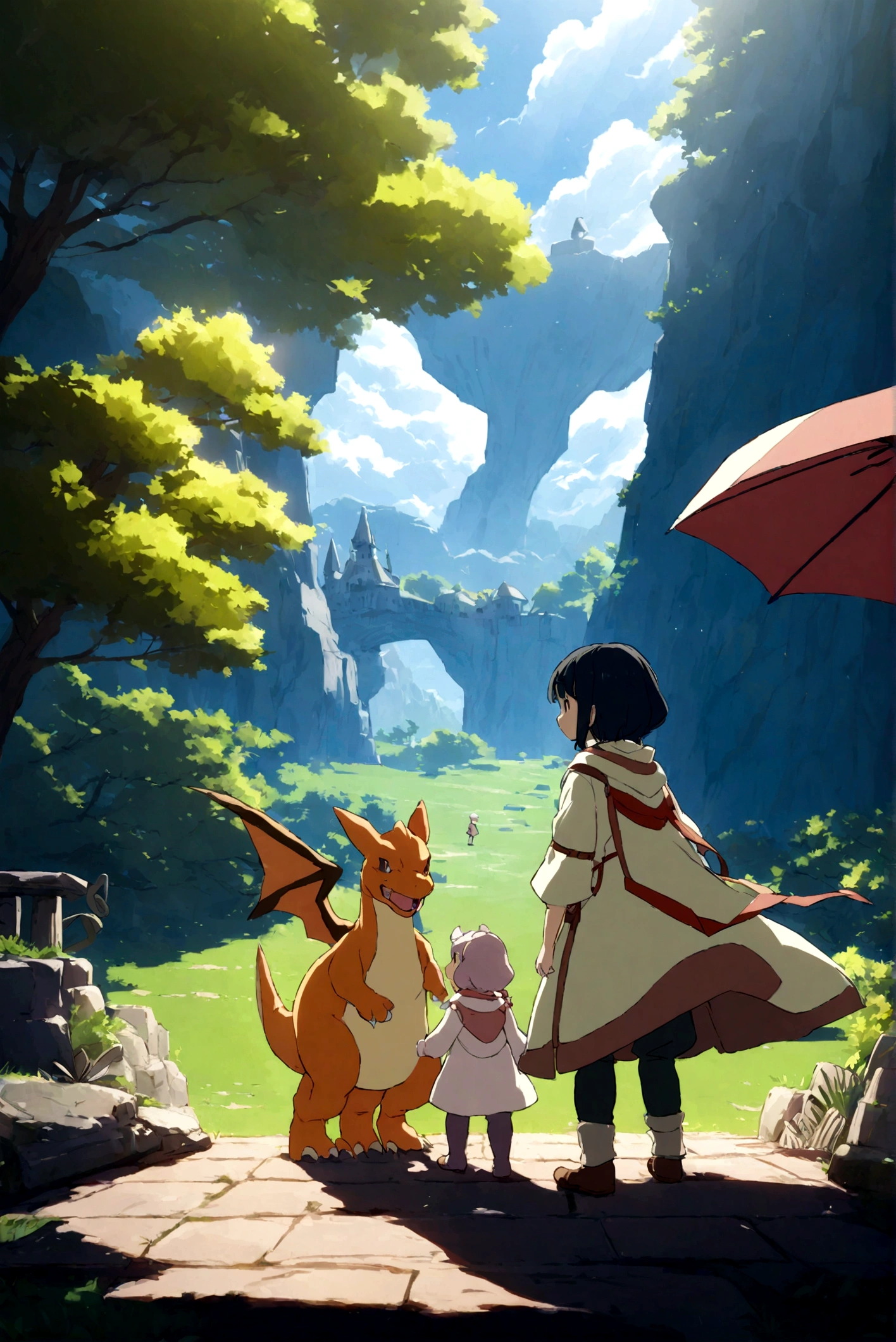 A Studio Ghibli style image featuring Pazu from 'Castle in the Sky,' standing next to Charizard. The scene is drawn with an anime touch, emphasizing detailed shading. The background is a vibrant, enchanted forest with lush greenery and a bright blue sky filled with fluffy clouds. The setting is illuminated by warm, golden light, enhancing the magical and serene atmosphere. Pazu and Charizard appear deeply connected, with Charizard protectively standing behind Pazu. The overall composition captures the essence of a mythical adventure in a tranquil, magical world, characteristic of Studio Ghibli's iconic style. The image has a slightly faded and nostalgic look, reminiscent of classic Ghibli films, with soft and muted colors --s 750 --niji 6