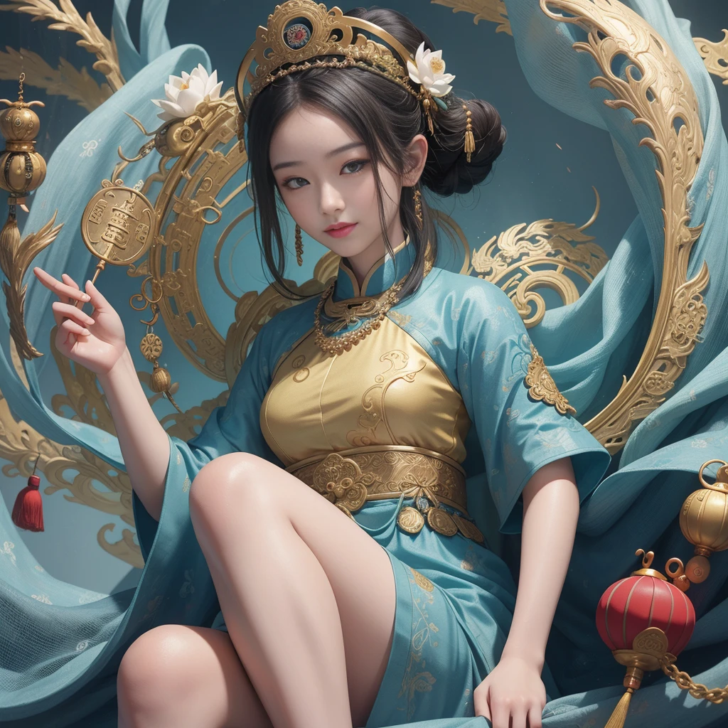 Ancient Chinese Goddess, 南海のKannon, Kannon, Inspired by China, Kannon菩薩は獅子に乗る,,Calm expression,Shui Mohua,Buddha,Buddha教徒,Lotus,chinese painting style,Thangka Style,Smile,Gentle expression,Feng Shui,cute,girl