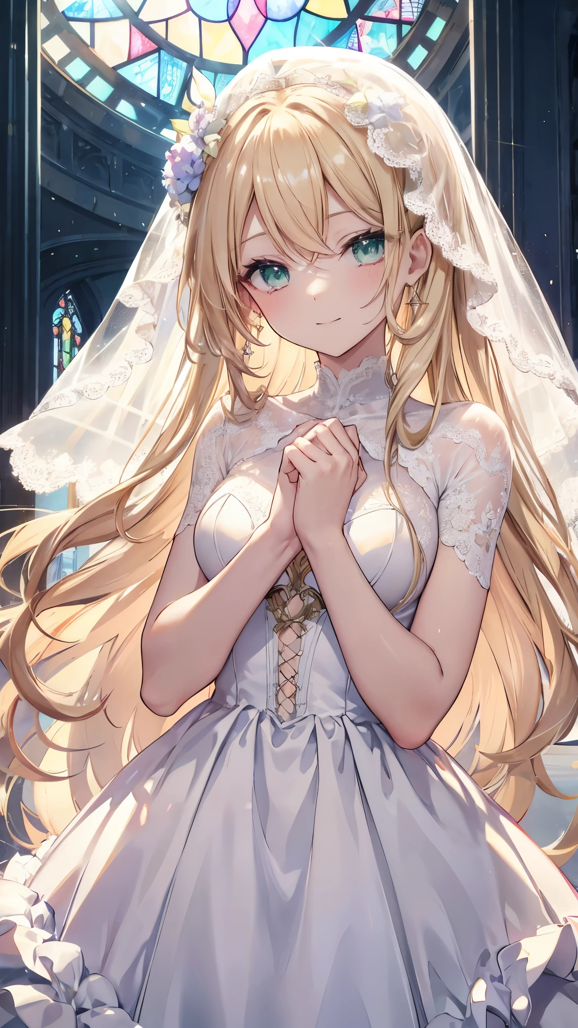 Very long hair、Blonde、Detailed sparkly eyes、Green Eyes、Three pairs of angel wings、Angel halo on head,smile、Embarrassing、shine、reflected light、Film Grain、masterpiece、Textured Skin、Super Detail、High Detail、high quality、最high quality、High Resolution、16k、shine、church,Veil,Wedding dress、race,Frills,hydrangea,Stained glass
