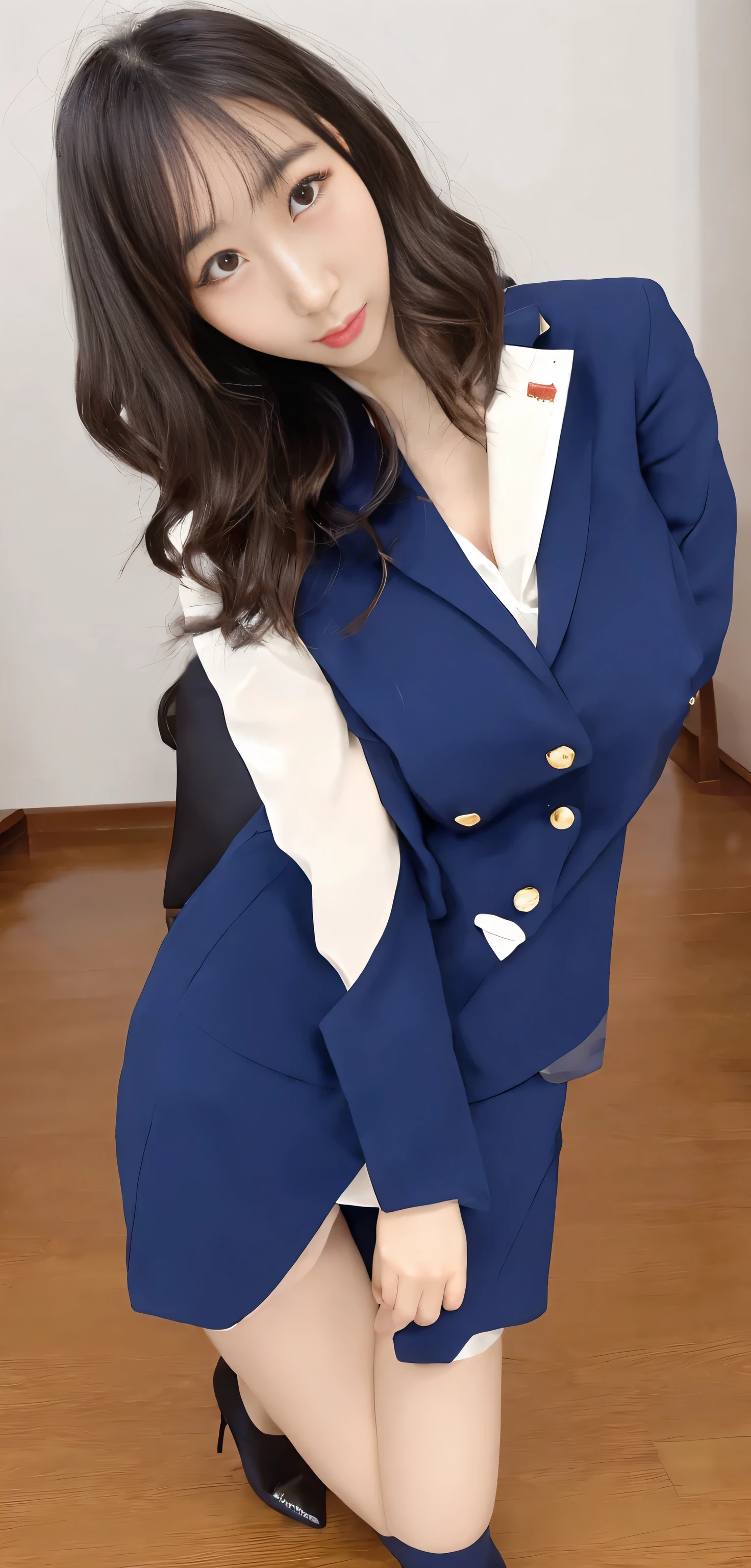 Japanese ID, Mature Woman, Wavy black hair with no bangs, Long Hair:1.65, Flashy makeup, Fuller lips, Sexy Gaze, very cute uniform, looking at the camera, Low angle shooting, Cute duck lips,((Very accurate and correct anatomy)), (masterpiece:1.45), Perfect balance, Realistic photos, Full Shot, whole body, ((height: 168cm)), High heels, loafers, (2 Foot, Two Arms), ((Panty shot)),Big Breasts:1.95