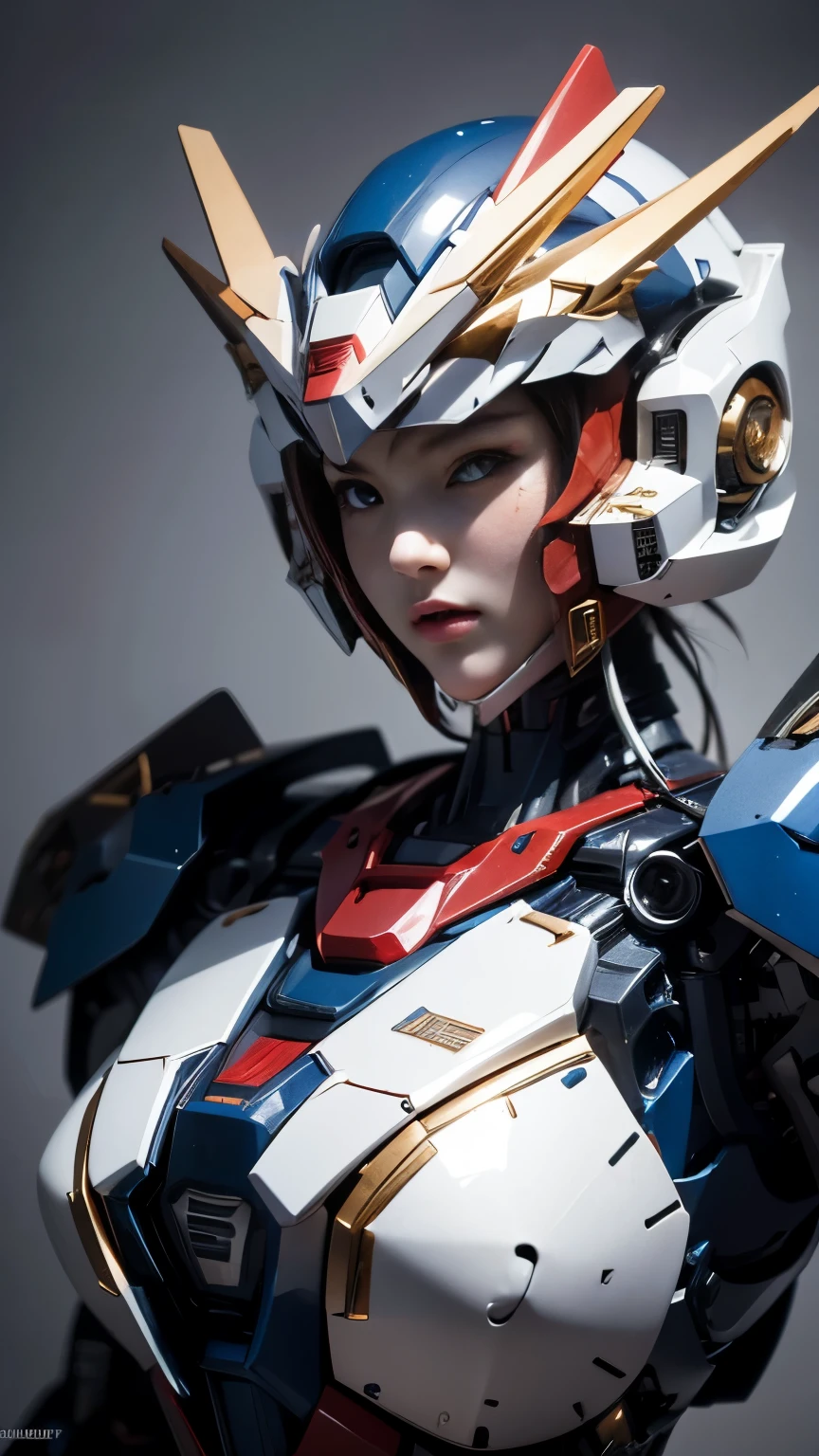 Textured skin, Super Detail, high details, High quality, Best Quality, hight resolution, 1080p, hard disk, Beautiful,(Gundam Girl),beautiful cyborg woman,Mecha Cyborg Girl,Battle Mode,Girl with a Mecha Body,She wears a futuristic Gundam mecha,Low - Angle