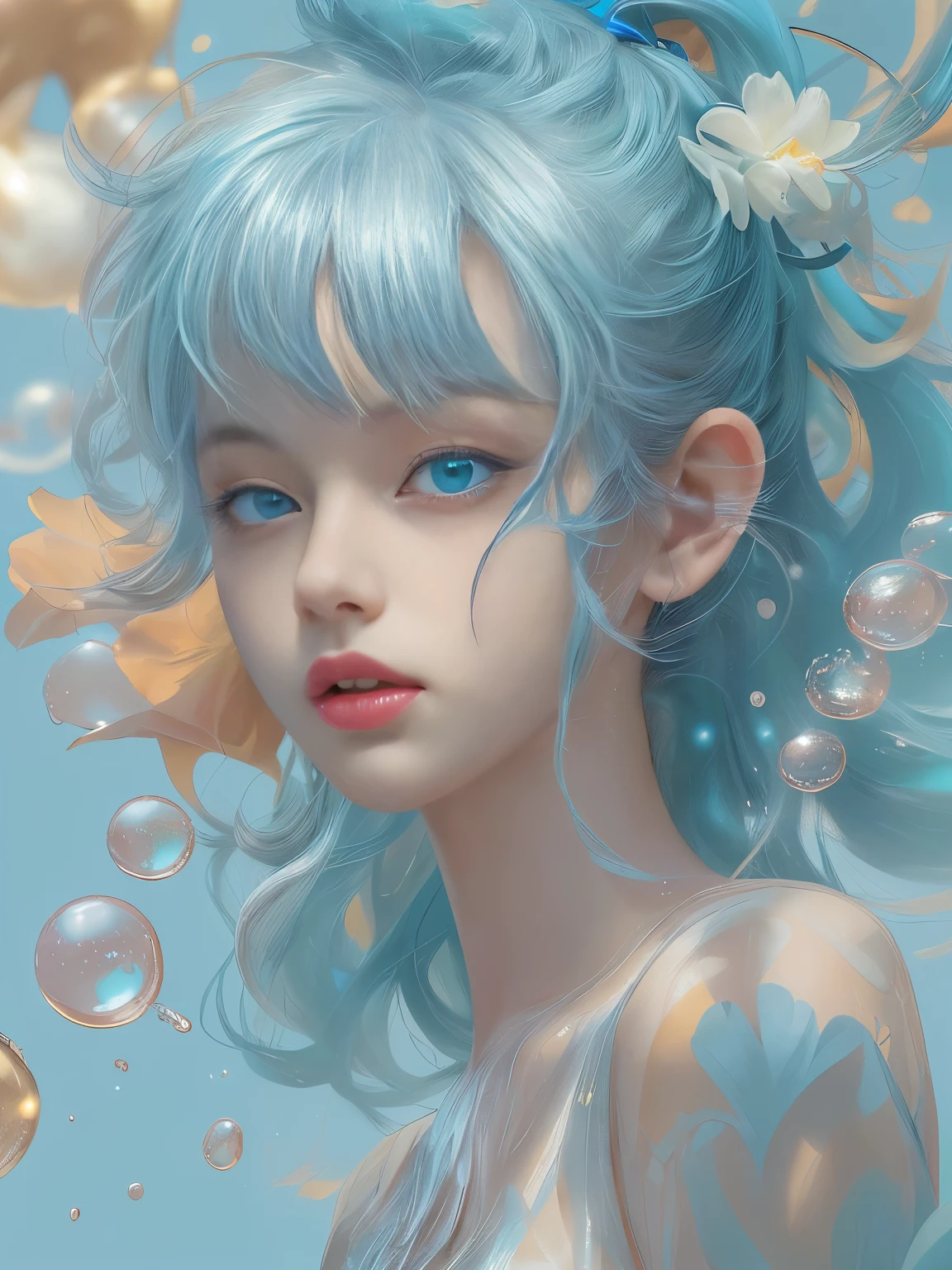 (masterpiece), (highest quality), (Super detailed), (Disheveled Hair), (figure), (One Girl), (Fashionable clothes), Are standing, Fashion Model, Beholder, (interview), (Simple Background), Beautiful and beautiful eyes, Delicate and beautiful face, floating, (High chroma), (Colorful Splash), Colorful Bubbles, (Shine), Focus on the face, ponytail, Light blue hair, bangs, Hair Ring, floating Flowers, floating Hairs, (The Shining), Best lighting, Best Shadow