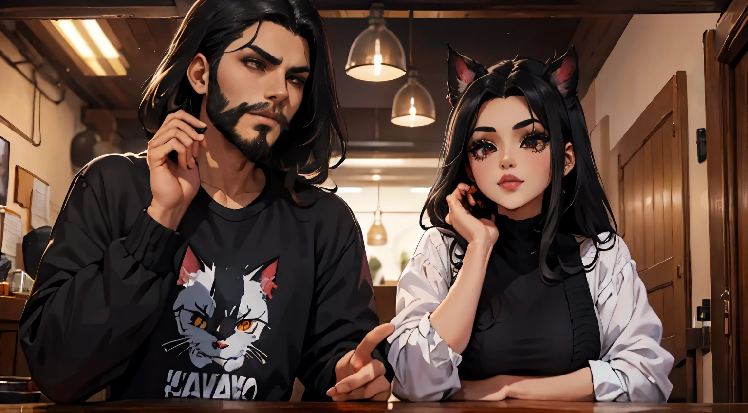 hombre con el cabello rizado, long black hair and freshly cut beard. // dentro de la oficina // junto a una hermosa mujer junkotvv con gafas, pelo ondulado color negro, orejas de gato y ojos rojos.
