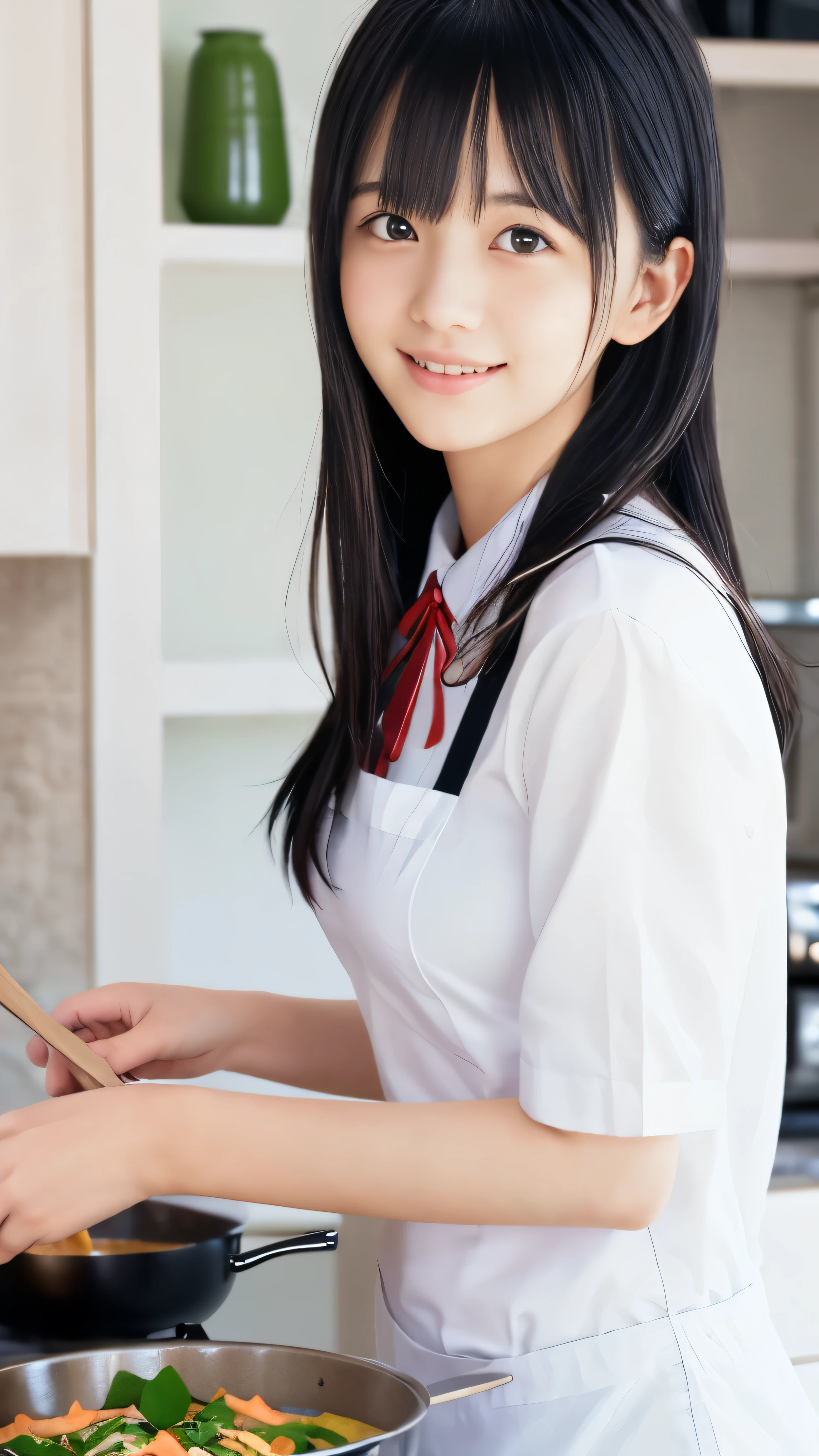 (Close up portrait of slender small breasts two side up black medium hair with bangs girl:1.5)、(One girl is cooking for dinner in the kitchen with small smile in white shirt with colorful apron:1.5)、(8k ultra detailed master piece:1.5)、(perfect anatomy:1.5)、(Photorealistic stick:1.5)、(Raw photo:1.3)、(highest quality:1.5)、(High resolution:1.3)、(Delicate and beautiful perfect face:1.3)、(Delicate and beautiful eye air skin:1.3)、(Real Human Skin:1.3)、((thin legs))