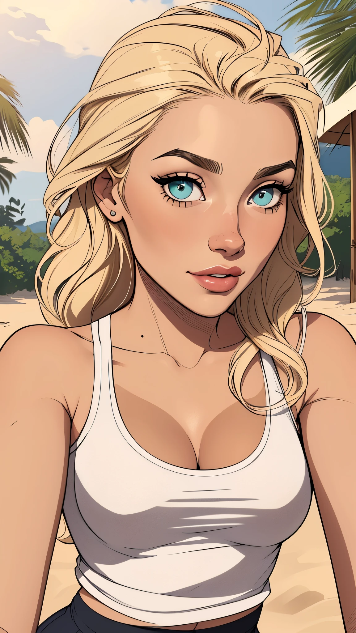Flat colors, close up, portrait of a 25 year old surfer looking girl, tan skin, beach blonde salty hair, natural beaty, beautiful, casual, top-Flat colors, close up, portrait of a 25 year old surfer looking girl, tan skin, beach blonde salty hair, natural beaty, beautiful, casual,tank top, small perky breasts, cleavage
, Forest fan art, Design de personagens de retrato, beautiful digital illustration, retrato de alta qualidade, Arte em quadrinhos, mulher jovem cabelo com transas lindas . Beautiful lined eyes Medium large bust and wonderful sexy clothes. image expression of sexual desire from the waist to the head illustration