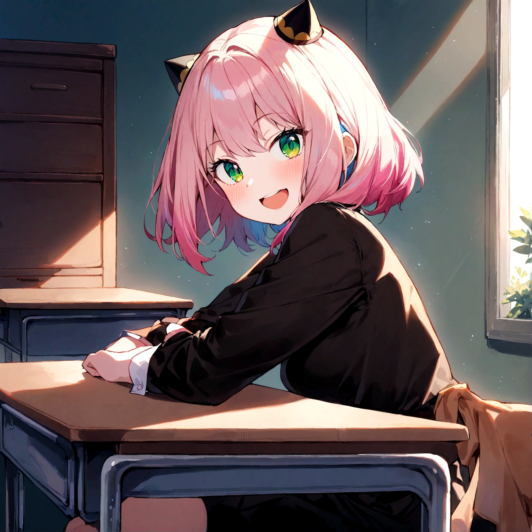 solo, 1girl, Anya forger/(spy x family/), masterpiece, best quality, very aesthetic, absurdres, pink hair, green eyes, short hair, black dress, collared shirt, smile, open mouth, looking at viewer, from side, sitting, desk, table, hair ornament