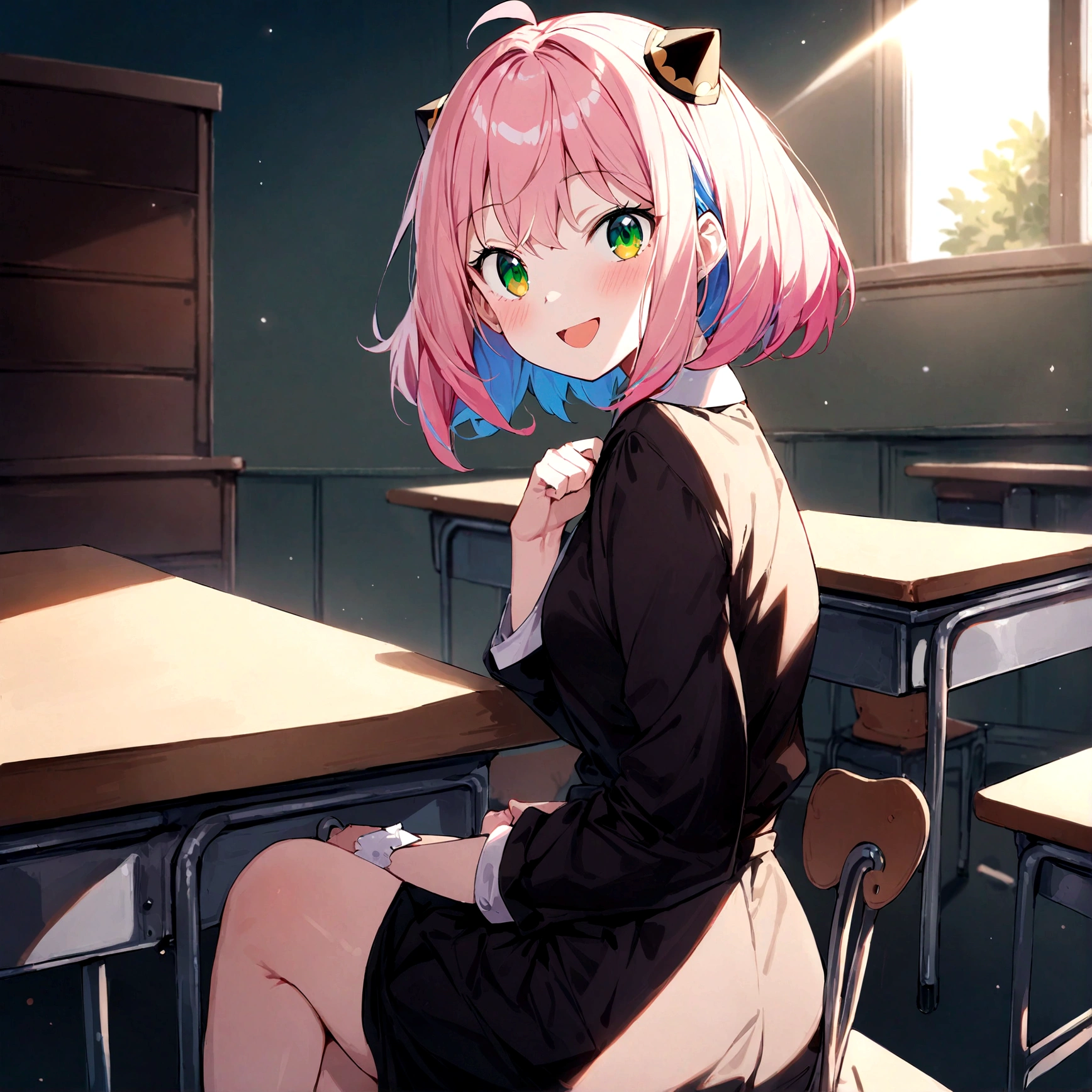 solo, 1girl, Anya forger/(spy x family/), masterpiece, best quality, very aesthetic, absurdres, pink hair, green eyes, short hair, black dress, collared shirt, smile, open mouth, looking at viewer, from side, sitting, desk, table, hair ornament