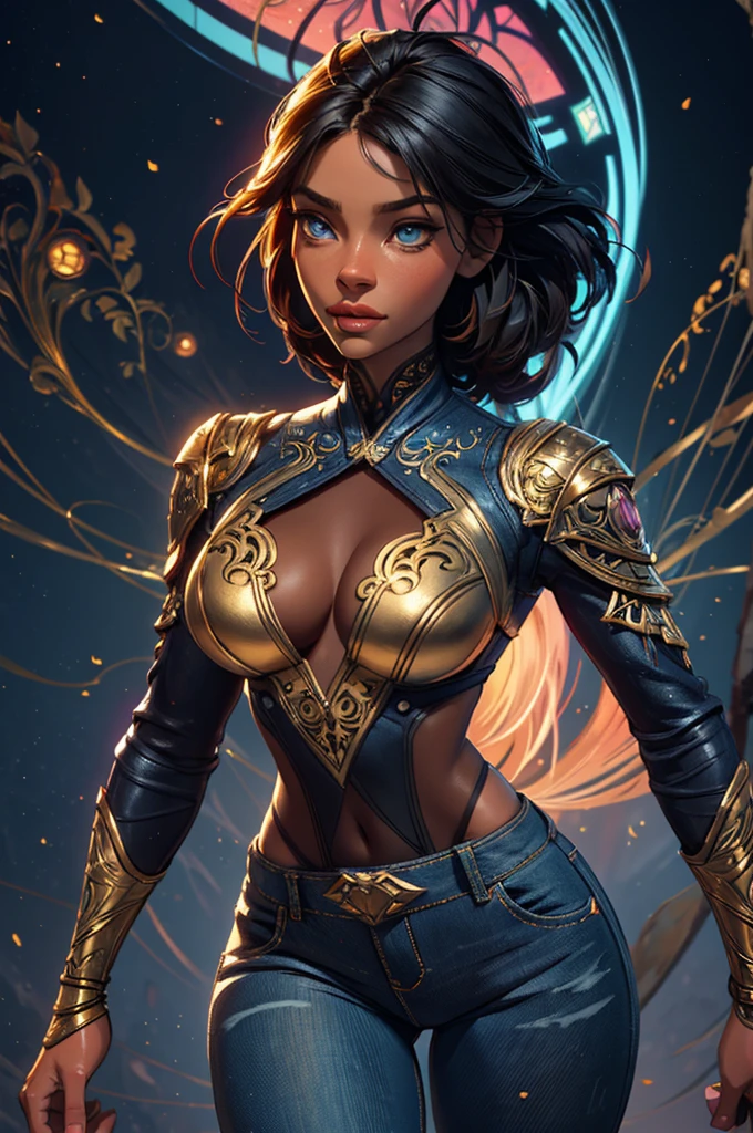 girl druid,(((1girl))),((cute and beautiful afro haired girl)),((((black race)))),
(large breasts:1.4),saggy breasts,((((black afro hair:1.35,((afro hair:1.35)),afrohair,afro:1.35,dark hair,black hair,)))),medium hair,((heterochromia:1.5, (yellow_eye and red_eye))),intricate eyes,beautiful detailed eyes,symmetrical eyes,((fat)),((((tan,dark skin,black skin:1.35,dark-skinned_female,dark skin:1.3,ebony skin,lustrous skin:1.5,bright skin: 1.5,shiny skin,very shiny skin,shiny body,illuminated skin)))),(spider lower abdomen,narrow waist,wide hip,athletic body,inflated legs, thick thighs),((detailed face)),
cute,slutty,sensual,seductive look,seductive,erotic,enchanting,((nsfw)),
zettai ryouiki,revealing clothing,show skin,(wearing a native celtic body armor:1.3,micro armor bikini,bare legs,an armored arm),(((intricate outfit,intricate clothes))),
(dynamic pose:1.0),solo focus,embarrassed,(centered,scale to fit dimensions,Rule of thirds),
outdoors,forest,(forest background,glowing crystals,bioluminescent plant),scenery,extremely scenery,(((glowing crystals,bioluminescent plants))),(forest on the background),(sunset, golden hour),
(Glossy forest ornaments),highres,sharp focus,(ultra detailed,extremely detailed),(photorealistic artwork:1.37),(extremely detailed CG unity 8k wallpaper),(((vibrant colors,vibrant theme))),(intricate),(masterpiece),(best quality),artistic photography,(photography taken by sldr),(intricate background),perfect rendered face,perfect face details,realistic face,photo realistic,((intricate detail)),(((realism))),