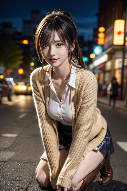 One Girl, (Full Body Shot),(hires.fix:1.4)、(White collared shirt:1.4), (cardigan:1.3),(Long skirt:1.3)、(Wear stylish boots:1.4)、(RAW Photos, highest quality), (Realistic, Photorealistic:1.4), (My hair is messy, Asymmetrical bangs, Dark brown hair,ponytail:1.3),smile、 Very delicate and beautiful, Very detailed, 8k wallpaper, wonderful, In detail, Very detailedなCG Unity, High resolution, Soft Light, Beautifully detailed 19 year old girl, Very detailedな目と顔, Beautifully detailed nose, Beautiful fine details,Cinema Lighting,City lights at night,Perfect Anatomy,Slim body, large breasts