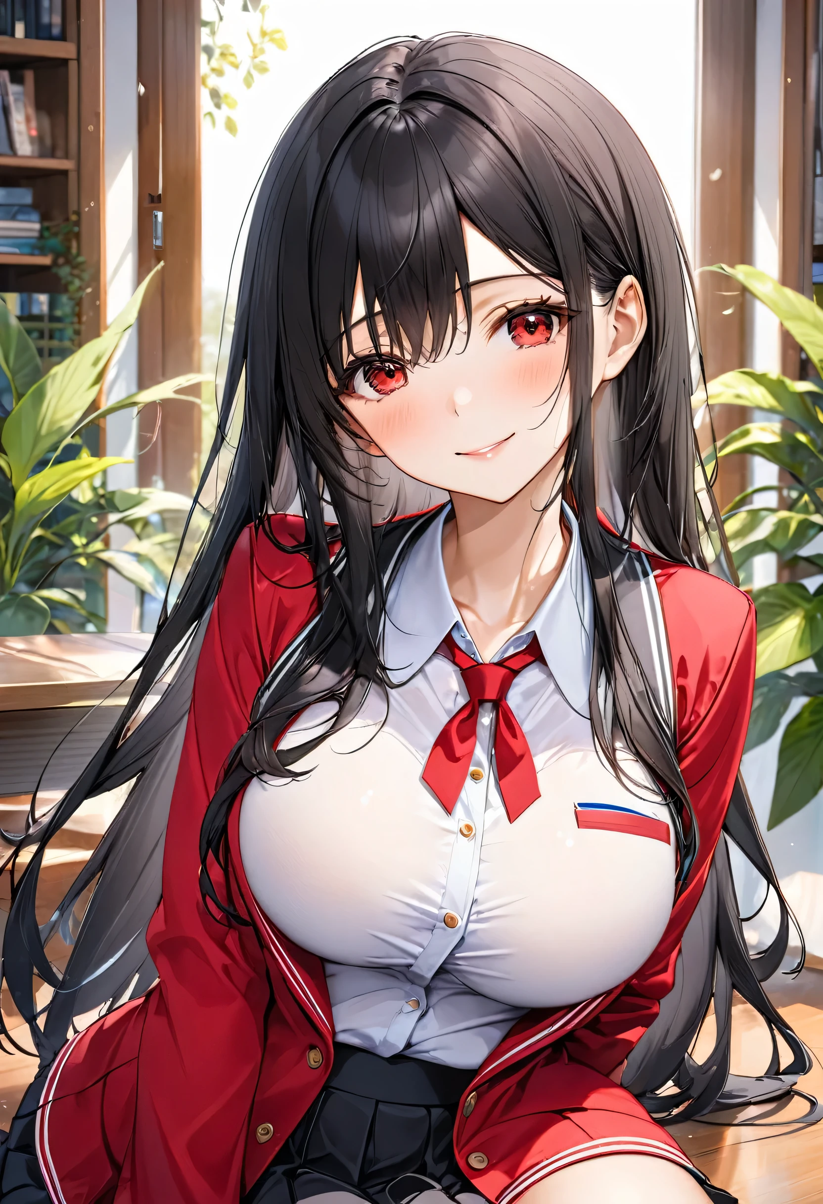 (Calm style) (solo straight black hair long hair dominance girl, detailed cute red eyes, soft smile, big tits), (in a summer school suit, skirt), in the Lounge, BREAK, perfect anatomy, masterpiece, best quality, 16k, beautiful detailed grow, daydreaming expression.