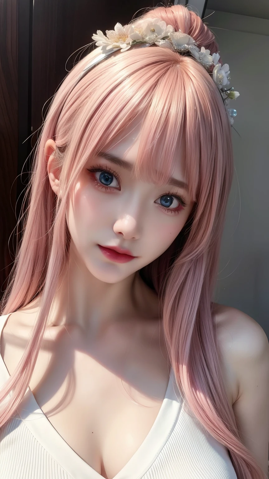 best quality, ultra high res, (photorealistic:1.4), (detailed beautiful girl:1.4), (medium breasts:0.8), looking_at_viewer, Detailed facial details, beautiful detailed eyes,pink hair, blue eyes, slender, haunting smile, (makeup:0.3), red lips, highly detailed clothes, (ulzzang-6500-v1.1:0.3)