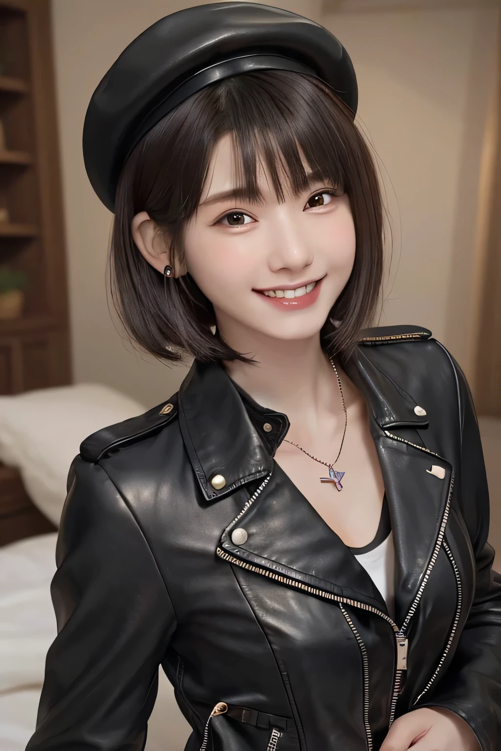 205 ((short hair)), 20-year-old female, Surrealism, Flower Smile、Gums are visible、Beautiful teeth alignment、Black Hair、ear piercing、Necklace around the neck、leather jacket、shirt、Smiling with teeth showing、The background is in the room、hat、Shoulder Fashion