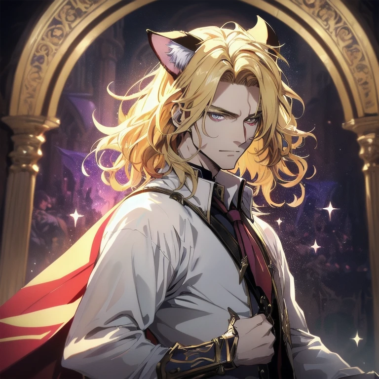 ((unreal engine, 4k high quality, trends of artstation, pixiv,soft render )) by Joseph Christian Leyendecker,aesthetics of vintage films, solo portrait, , soft shadows, dark cinematic lighting, floodlight lighting, mystical,, ((fantasy medieval setting, dnd,)) bard, Trickster, theater actor performing on stage, all attention is focused on him (dynamic shot, close up) dynamic angle, rpg game character portrait, The blond anime man is 25 years old, (sexy male, 1man, 1boy, prince),androgenic face, thin body, (victorian white shirt, ruffled shirt and collar,) a bow made of a narrow black ribbon around the neck, an artist in fantasy leather armor, (Cat-like tiger ears on his head, neko-boy), (yellow blond hair, shoulder length wavy hair), short unruly hair ((hair tucked behind left ear, wavy forelock covers right eye)), asymmetrical parting elongated face, detailed beautiful face, ((Black sclera, red irises, Beautiful demonic eyes)) piercing mysterious gaze, sly charming smile, raised eyebrows, a relaxed , flirty, kind, curtsy, Glitter particles, purple-red-brown shades, mucha art deco, (Schrodinger from Hellsing :1) background with circus and theatrical motifs, fantasy eater stage and curtain on the background, ,