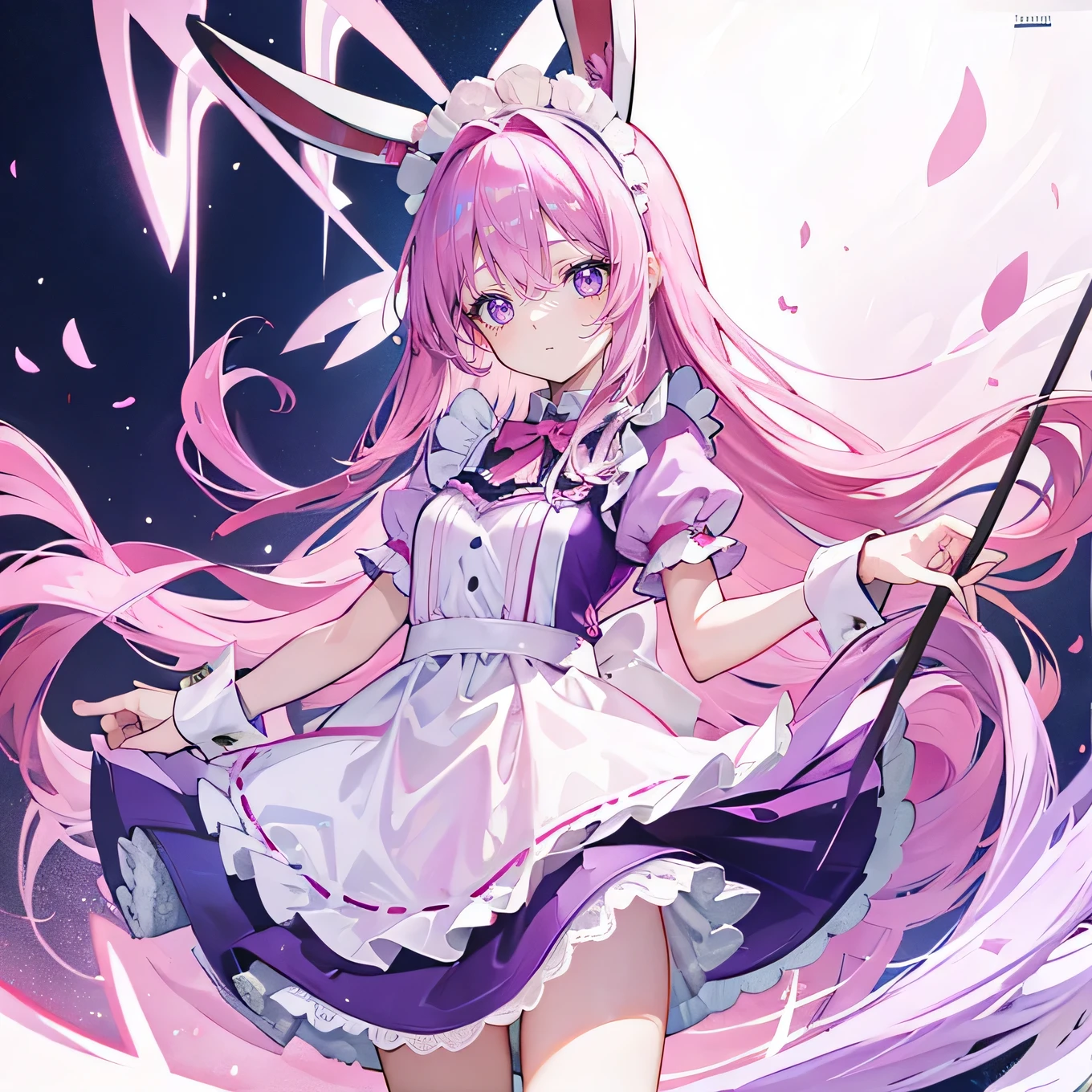 Pink long hair，Bunny ears，Headdress，Eye color: Purple，Maid clothes