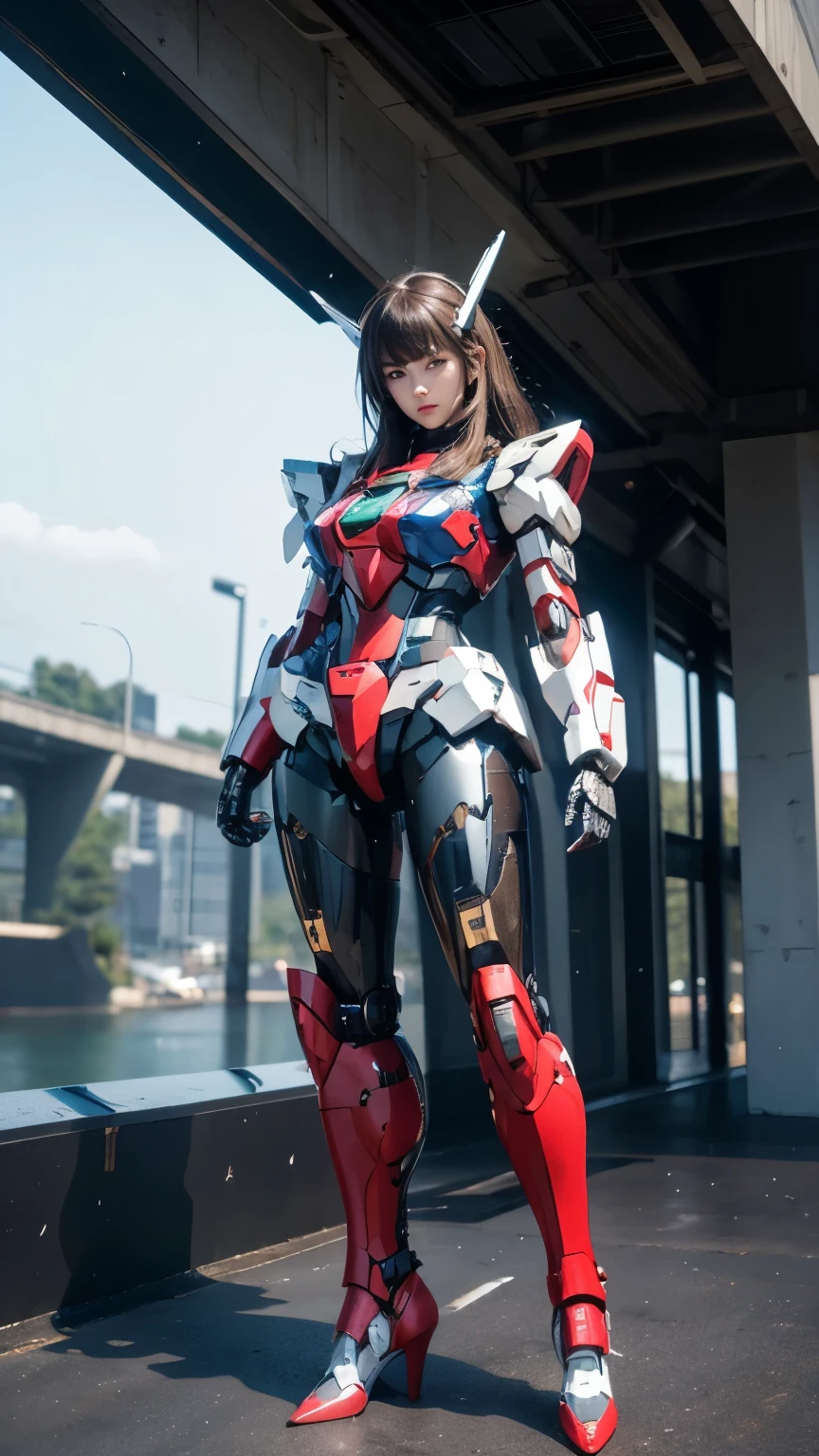 Textured skin, Super Detail, high details, High quality, Best Quality, hight resolution, 1080p, hard disk, Beautiful,(Gundam Girl),beautiful cyborg woman,Mecha Cyborg Girl,Battle Mode,Girl with a Mecha Body,She wears a futuristic Gundam mecha,Full Body Shot