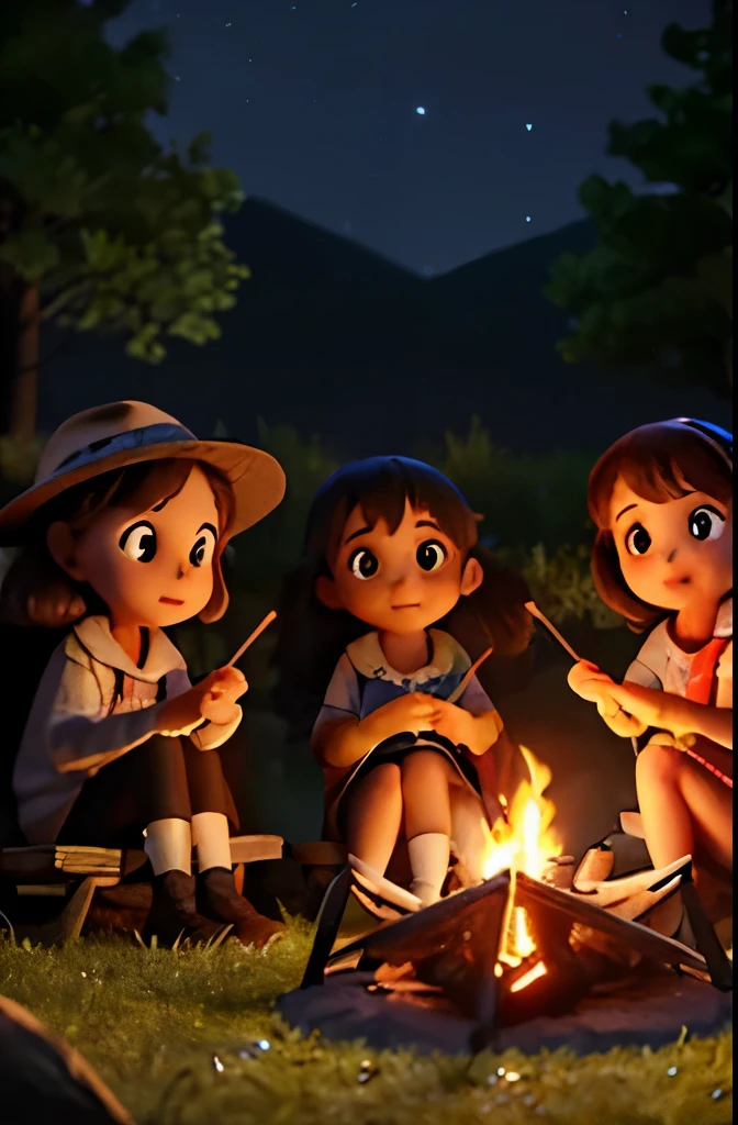 ((three girls)) young female friends sitting around a campfire at night ((toasting marshmallows)), ((holding sticks with marshmallows at the end)). They are camping admist a forest, the firelight illuminates their faces and the toasting marshmallows and shows a dark eerie black shadowy background behind them