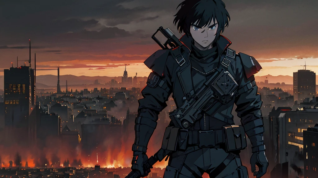 a man with a weapon, explosions behind him, apocalyptic city, dramatic lighting, gritty realistic, cinematic angle, high contrast, dark moody atmosphere, dynamic pose, detailed facial features, intricate details, masterpiece, 8k, photorealistic, dramatic cinematic lighting, volumetric lighting, depth of field, cinematic camera angle, hyper detailed, hyper realistic