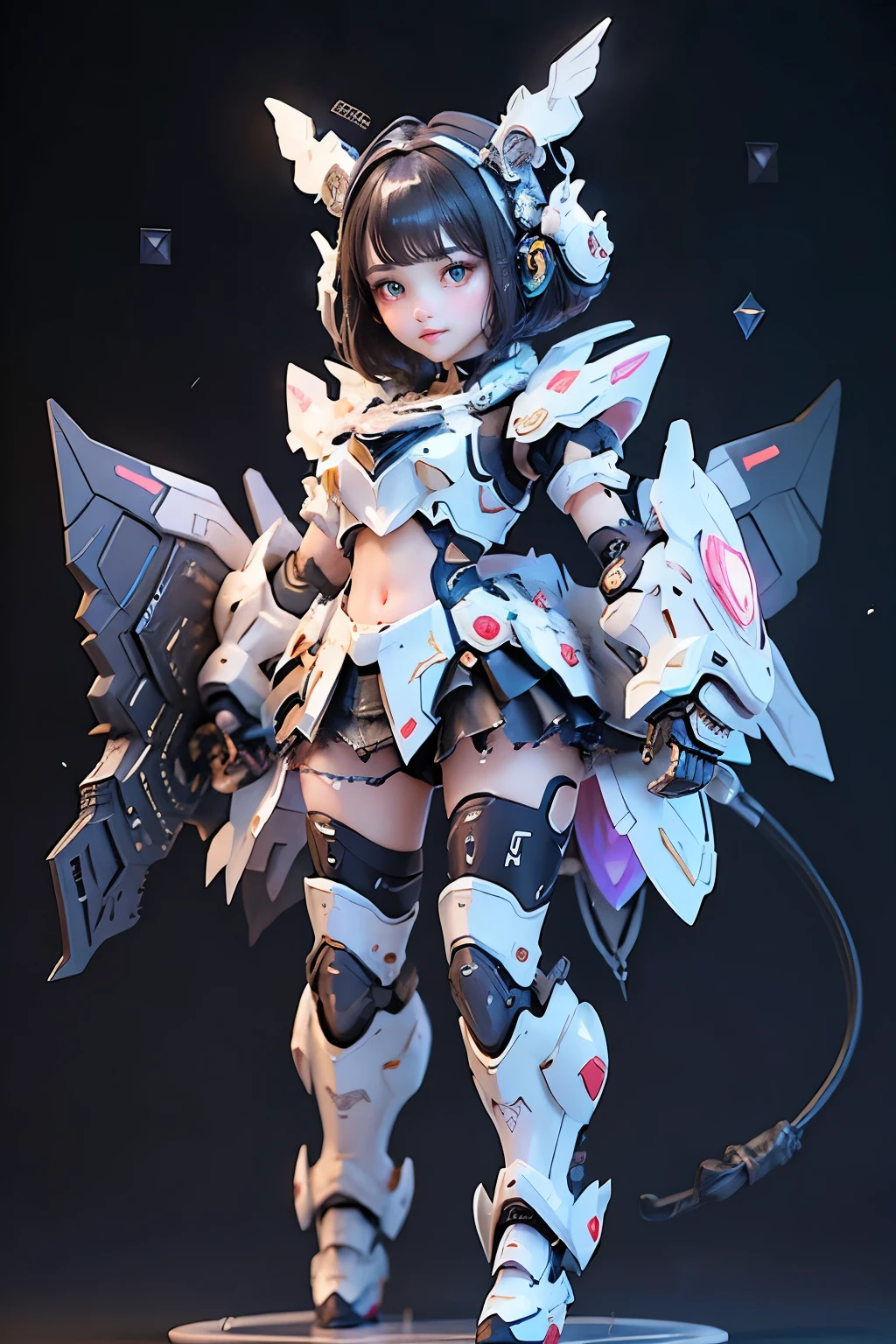 1 girl, Little, Dopamine Color Matching, Double Diamond, white theme, Luxurious fabrics, dither, far-reaching, She is fused with futuristic Gundam mecha, Gundam style, with headgear, with v-fin , visible cleavage, visible stomach, visible waist,, visible thighs, armored shoulders,armored under arms, armored under legs, 2 thruster modules attached on back, holding weapon, holding huge weapon, holding Very large shield, (full body pose:1.5),(bob cut:1.3), black hair, thick eyebrows, light colored iris, big, shining black eyes, long eyelashes, small, pale natural lips, (Average face of Japanese idols), wide forehead:1.2, plump cheeks, small chin, visible side boob, 