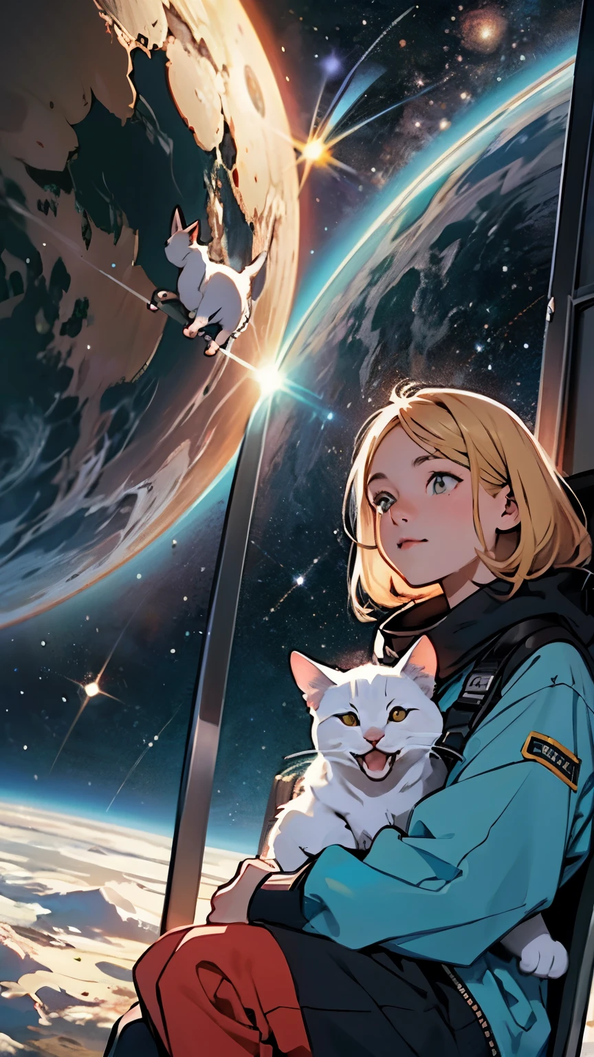 Cartoon illustration of a boy and a girl in Cosmos with cat, official fan art, in Cosmos, kitten in outer Cosmos, in outer Cosmos, in deep Cosmos, In galaxies, deep Cosmos exploration!!!, Cosmos travel, wear in the stars and planets, outer Cosmos, outer Cosmos, starry sky in Cosmos, in Cosmos, official art, Cosmos, on a Cosmosship, Colorful, Cute, more detailed, world, more realistic, cartoon