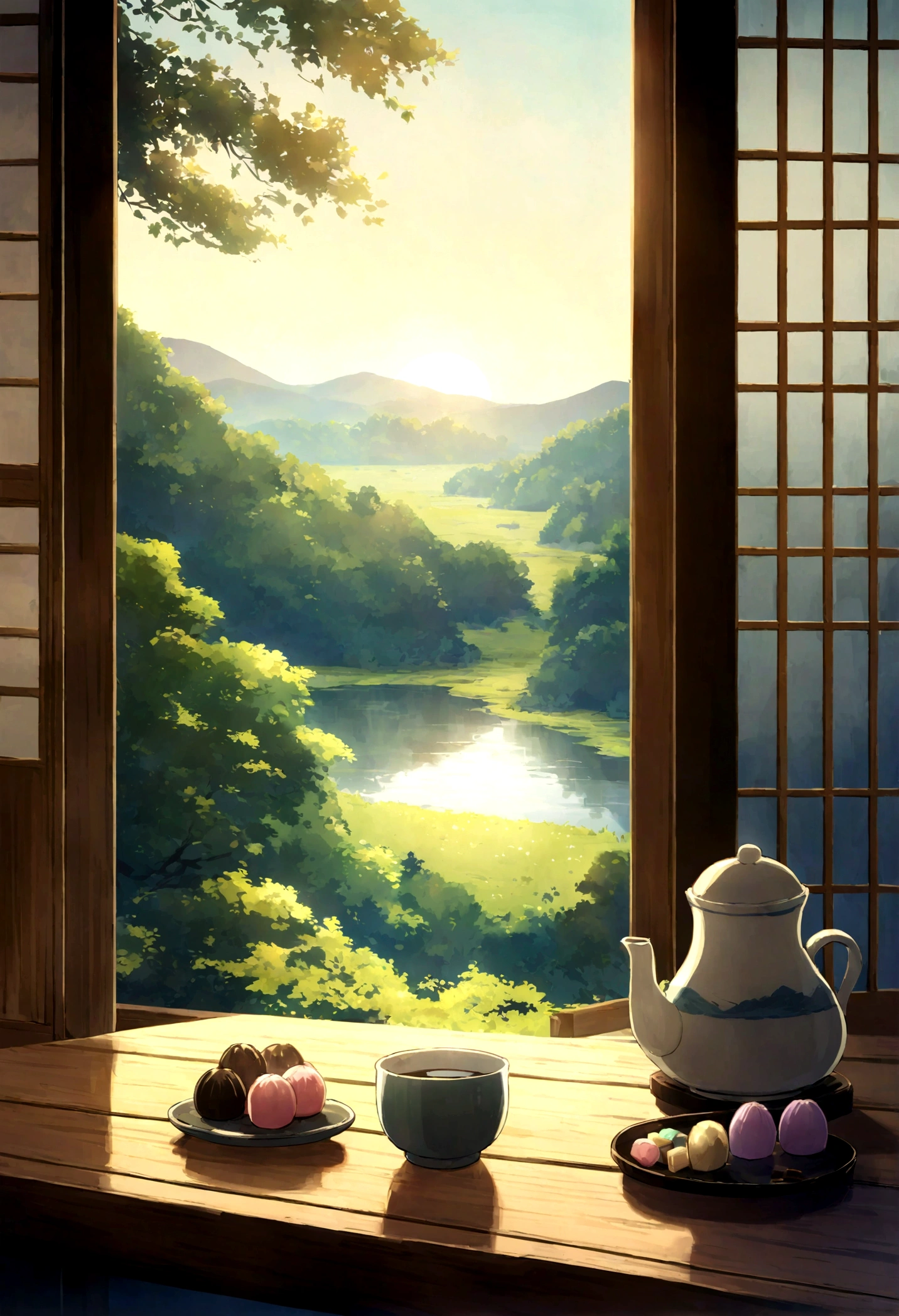high resolution、Ghibli style、Japan TV anime style、table、Japanese sweets、Japanese tea、Morning sunlight、Bright atmosphere、No people、landscape