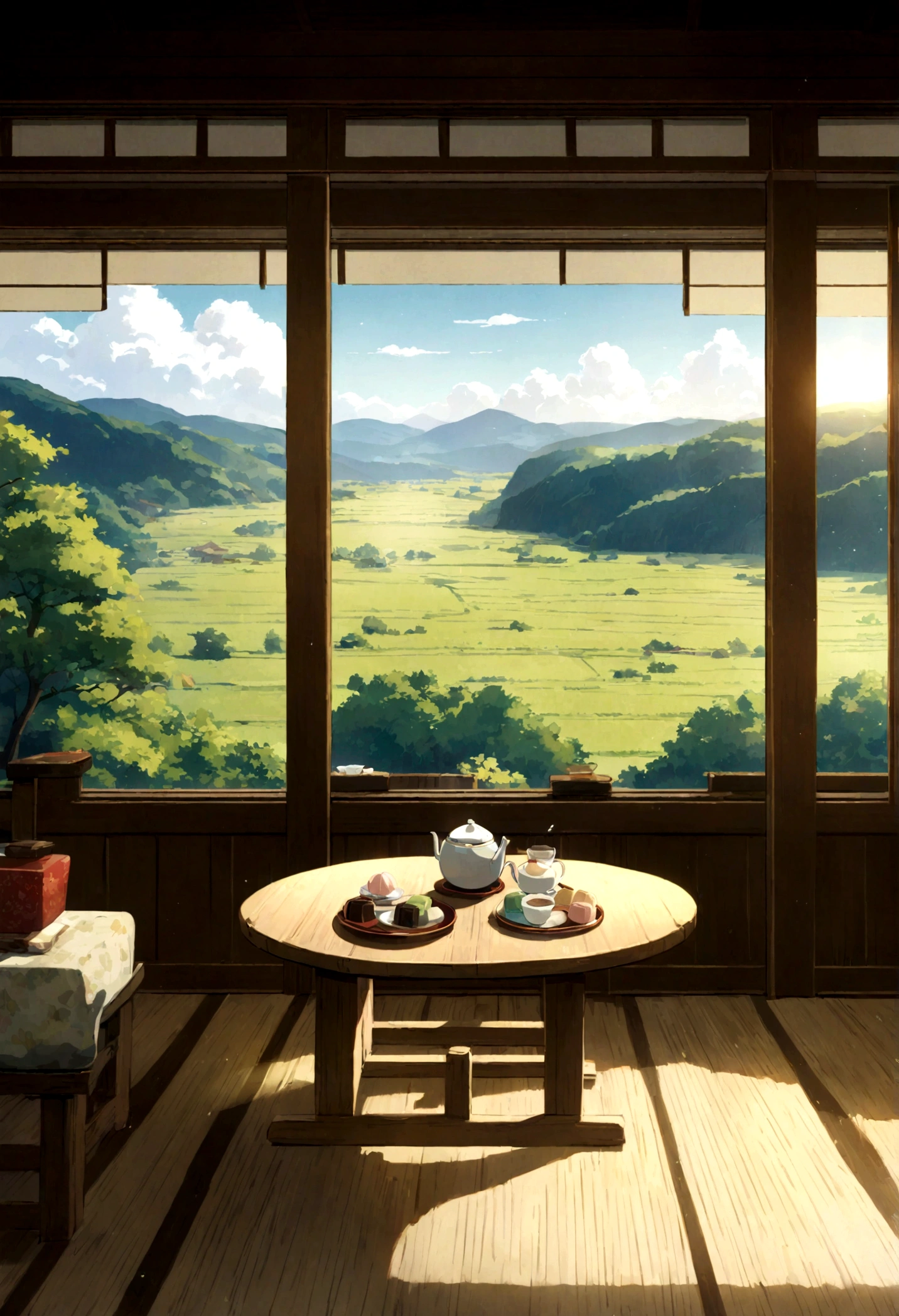 high resolution、Ghibli style、Japan TV anime style、table、Japanese sweets、Japanese tea、Morning sunlight、Bright atmosphere、No people、landscape
