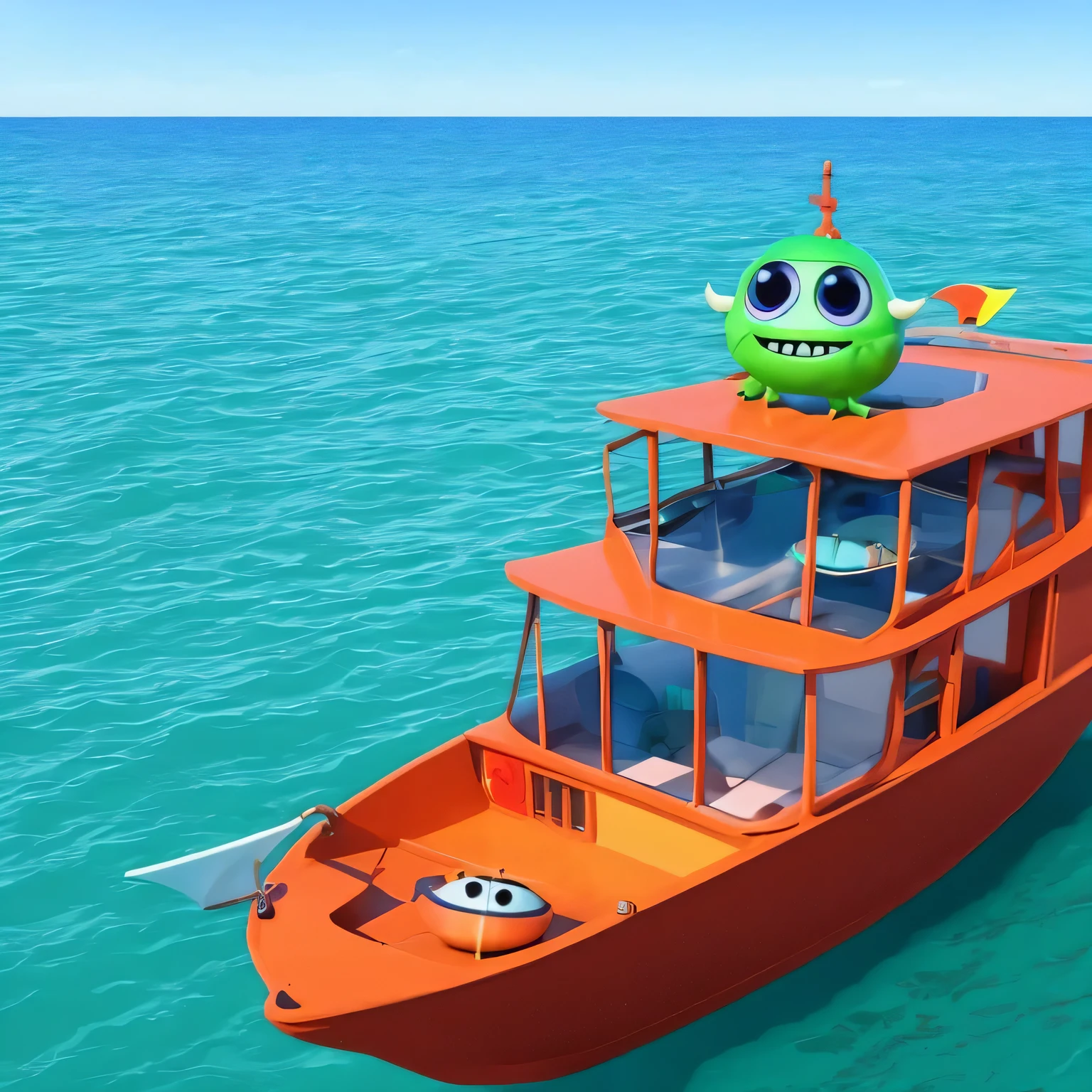 Cute monster transformed into a boat, with big eyes and a delighted face, sailing on the sea. Pixar animation style, vibrant colors, C4D software. --ar 1:1 --v 6.0 3D render