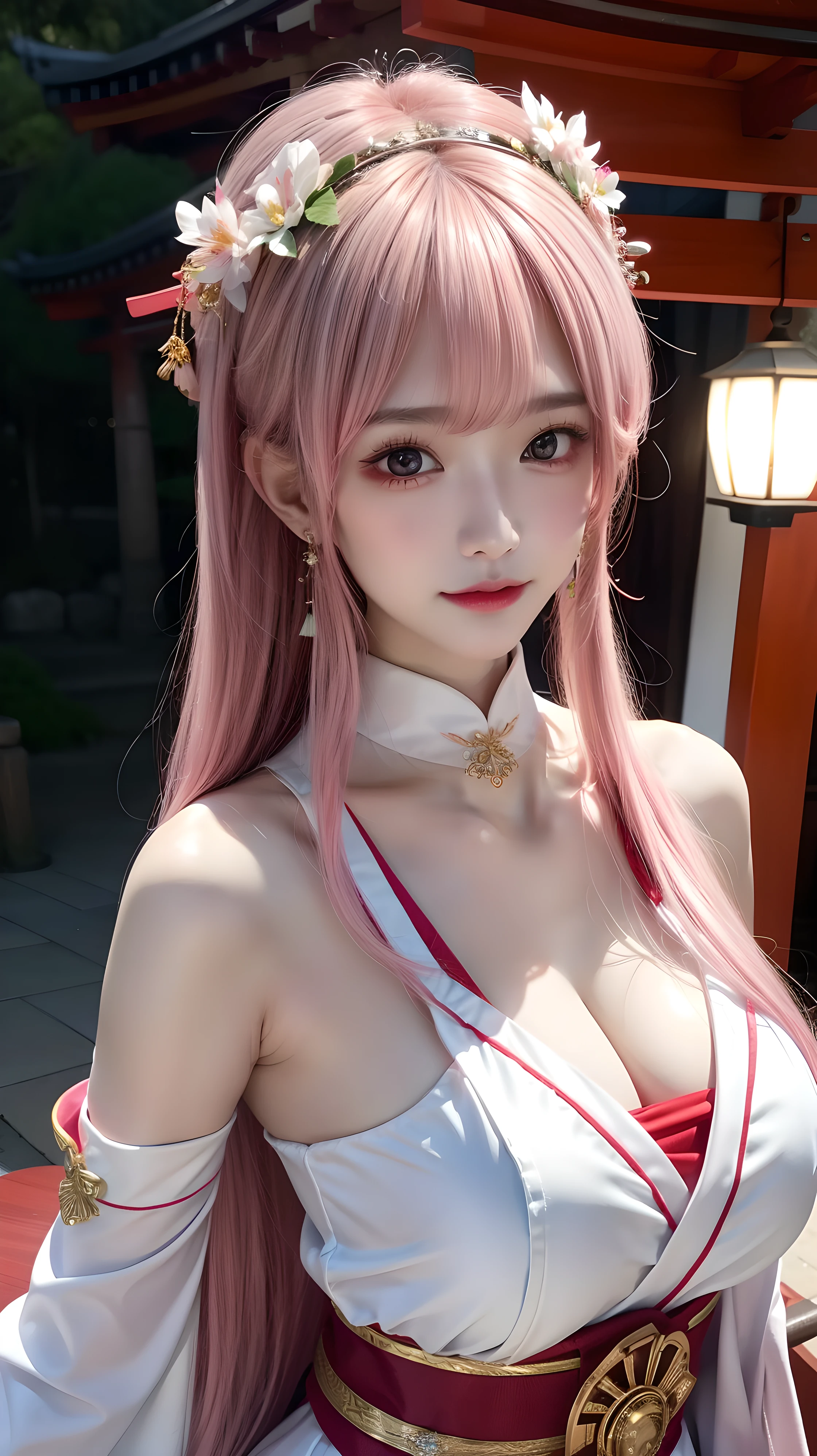 photorealistic, high resolution, 1women, solo, ???? up, look at viewer, yae miko, ?????????????, , cleavage,detached sleeves, ???? shoulders, pink hair, long hair, ????????????, best quality, (hair ornament:1.35), jewelry, purple eyes, earrings, torii, cherry blossoms, lantern light, depth of field, detailed face, face focus, ribbon_trim, nontraditional miko, shiny skin, long sleeves