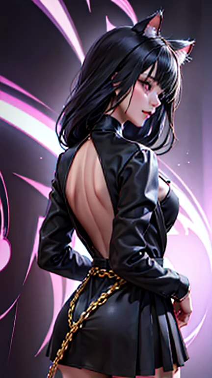 evildoer、girl、Hiding one eye、Black Hair、Bobcut、Black Veil、Black flared mini skirt、Eyes、Cat ear、cute、profile、Close-up of face、10generation、tall、eight-headed body、Back alley at night、Neon lights in the distance、The skin is hidden