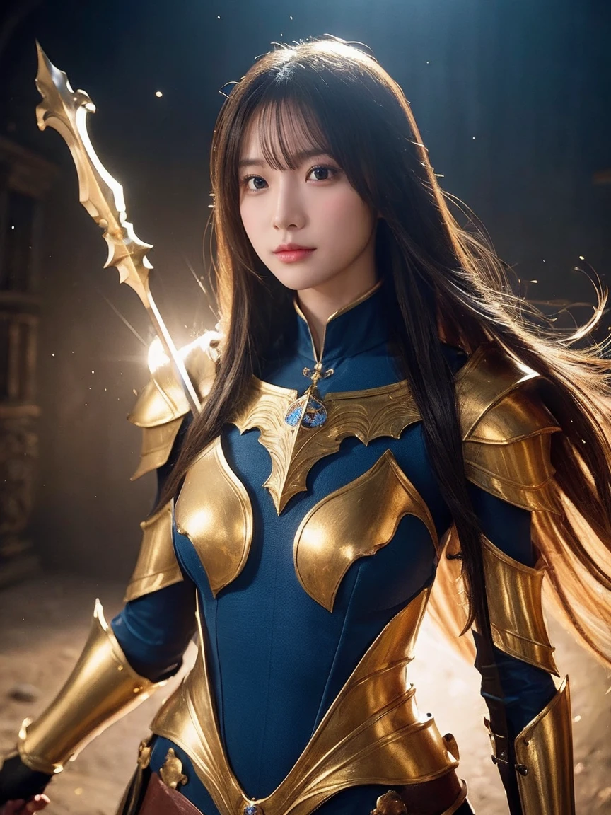 ((Golden Dragon Knight))、Golden helmet、Fantasy movies、Armor of medieval Europe、Wearing a blue leotard、In combat、((Poke the enemy with a spear))、Serious face、cave、最high quality、Complete limbs、Full Finger、Slender Beauty、Full Body Photo、The whole body is captured、プロの写真最high quality, masterpiece, 32k、Very detailed、Realistic、1 girl, Japanese women、Cute Face, (photo Actual:1.3),Edge lighting, (Skin with attention to detail:1.2), 8k超High resolution, Single-lens reflex camera, high quality, High resolution, 4K, 8k, Optimal ratio of four fingers to one thumb, (Actual:1.3), cute 1 girl, Realistic、Super Realistic、32k、Very detailed、masterpiece, 最high quality, beautiful girl, beauty、Beautiful lighting, 25-year-old woman、Straight Hair