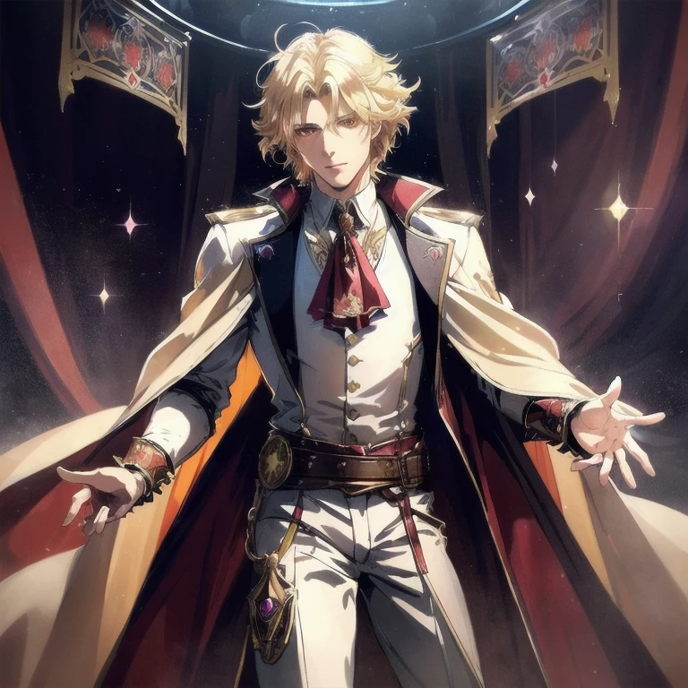((unreal engine, 4k high quality, trends of artstation, pixiv,soft render )) by Joseph Christian Leyendecker,aesthetics of vintage films,  solo portrait, , soft shadows, dark cinematic lighting, floodlight lighting, mystical,,   ((fantasy medieval setting, dnd,)) bard, dramatic artist, theater actor performing on stage, all attention is focused on him,  (close up )(Trickster, A illusionist in a hat, :0.9)(dynamic shot, dynamic angle), rpg game character portrait,  The blond anime prince is 25 years old, (sexy male, 1man, 1boy, prince),androgenic male thin body, (ruffled white shirt with cravat,) ruffle shirt collar, victorian white shirt, an artist in fantasy, (Cat-like tiger ears on his head, neko-boy), (yellow blond hair, shoulder length wavy hair), short unruly hair ((hair tucked behind left ear, wavy forelock covers right eye)), asymmetrical parting elongated face, detailed beautiful face, ((Black sclera, red irises, Beautiful  demonic eyes)) piercing mysterious gaze, . sly charming smile, raised eyebrows, a relaxed , flirty, kind, curtsy,conceited, Glitter particles, purple-red-brown shades, mucha art deco,  (Schrodinger from Hellsing :1)  background with circus and theatrical motifs, fantasy eater stage and curtain on the background, ,