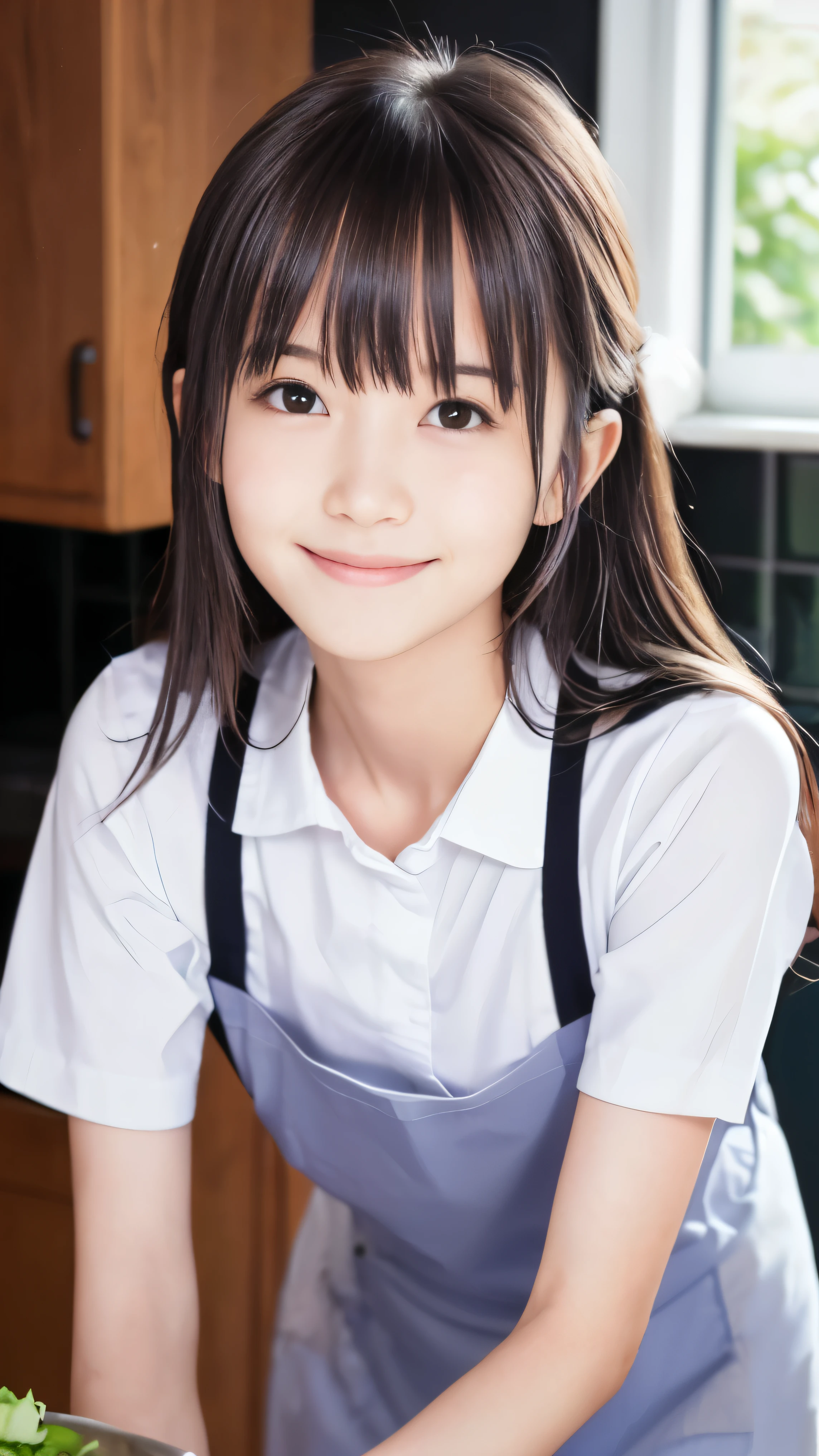 (Close up portrait of slender small breasts half up brown long hair with bangs girl:1.5)、(One girl is cooking for dinner in the kitchen with small smile in white shirt with colorful apron:1.5)、(8k ultra detailed master piece:1.5)、(perfect anatomy:1.5)、(Photorealistic stick:1.5)、(Raw photo:1.3)、(highest quality:1.5)、(High resolution:1.3)、(Delicate and beautiful perfect face:1.3)、(Delicate and beautiful eye air skin:1.3)、(Real Human Skin:1.3)、((thin legs))