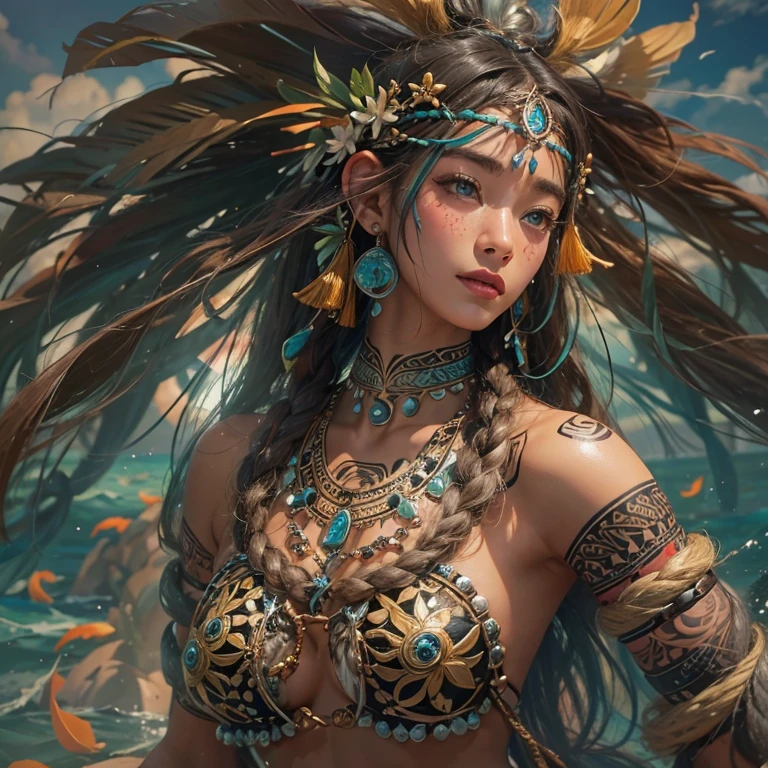Polynesian sea、Hair blowing in the wind 、 ((highest quality、masterpiece、8k、Best image quality、Ultra-high resolution、Award-winning works)、(Accurate anatomy:1.1)、(Look at me and smile:1.0)、Shining fair skin with Ultra-high resolution、The most detailed face、Ultra-high resolution detailed face、Ultra-high resolutionの髪の毛、(Ultra-high resolution eye:1.1)、Beautiful face drawn in every detail、Polynesian costume, Chest to chest, polynesian tattoo, Polynesian canoes