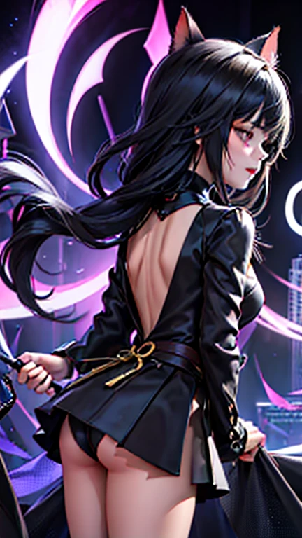 evildoer、girl、Hiding one eye、Black Hair、Bobcut、Black Veil、Black flared mini skirt、Eyes、Cat ear、cute、profile、Close-up of face、10generation、tall、eight-headed body、Back alley at night、Neon lights in the distance、(((The skin is hidden)))