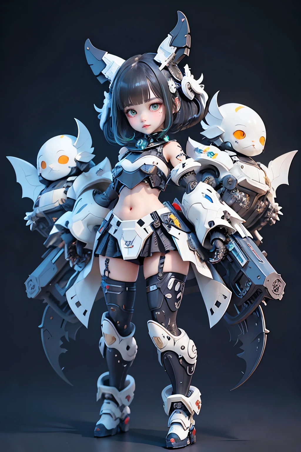 1 girl, Little, Dopamine Color Matching, Double Diamond, white theme, Luxurious fabrics, dither, far-reaching, She is fused with futuristic Gundam mecha, Gundam style, with headgear, with v-fin , visible cleavage, visible stomach, visible waist,, visible thighs, armored shoulders,armored under arms, armored under legs, 2 thruster modules attached on back, holding weapon, holding huge weapon, holding Very large shield, (full body pose:1.5),(bob cut:1.3), black hair, thick eyebrows, light colored iris, big, shining black eyes, long eyelashes, small, pale natural lips, (Average face of Japanese idols), wide forehead:1.2, plump cheeks, small chin, visible side boob,